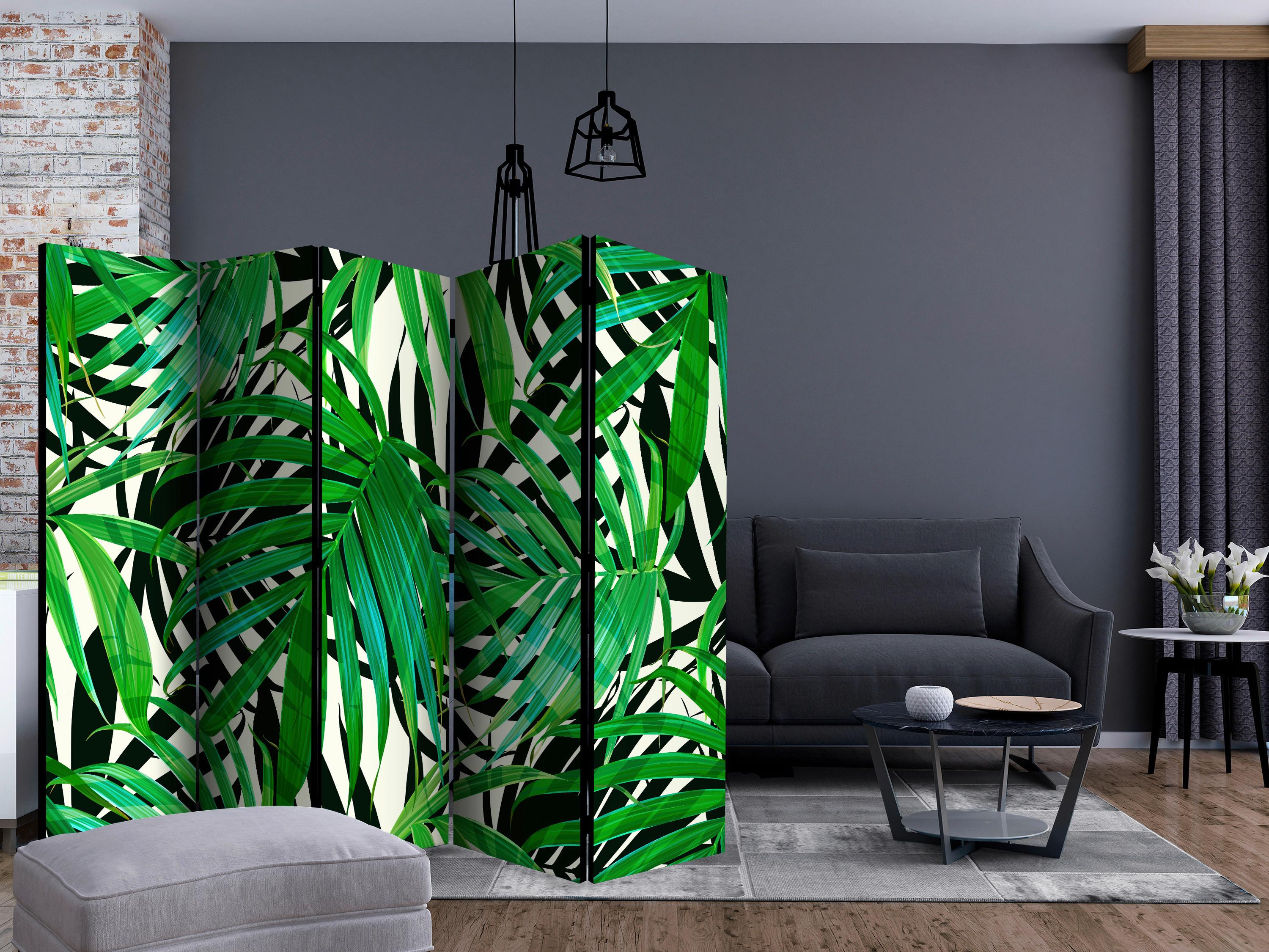 Paravan Tropical Leaves I, 5-Delni, Dvostranski - zelena/bela, Basics, tekstil/les (225/172/3cm) - artgeist