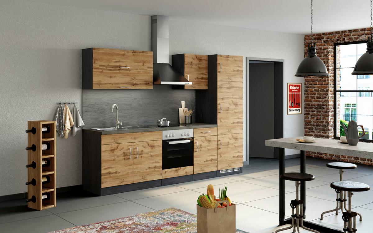 Küchenblock Sorrento mit Geräten ca. 270 cm Eichefarben - Chromfarben/Schieferfarben, MODERN, Holzwerkstoff/Metall (270cm) - Held