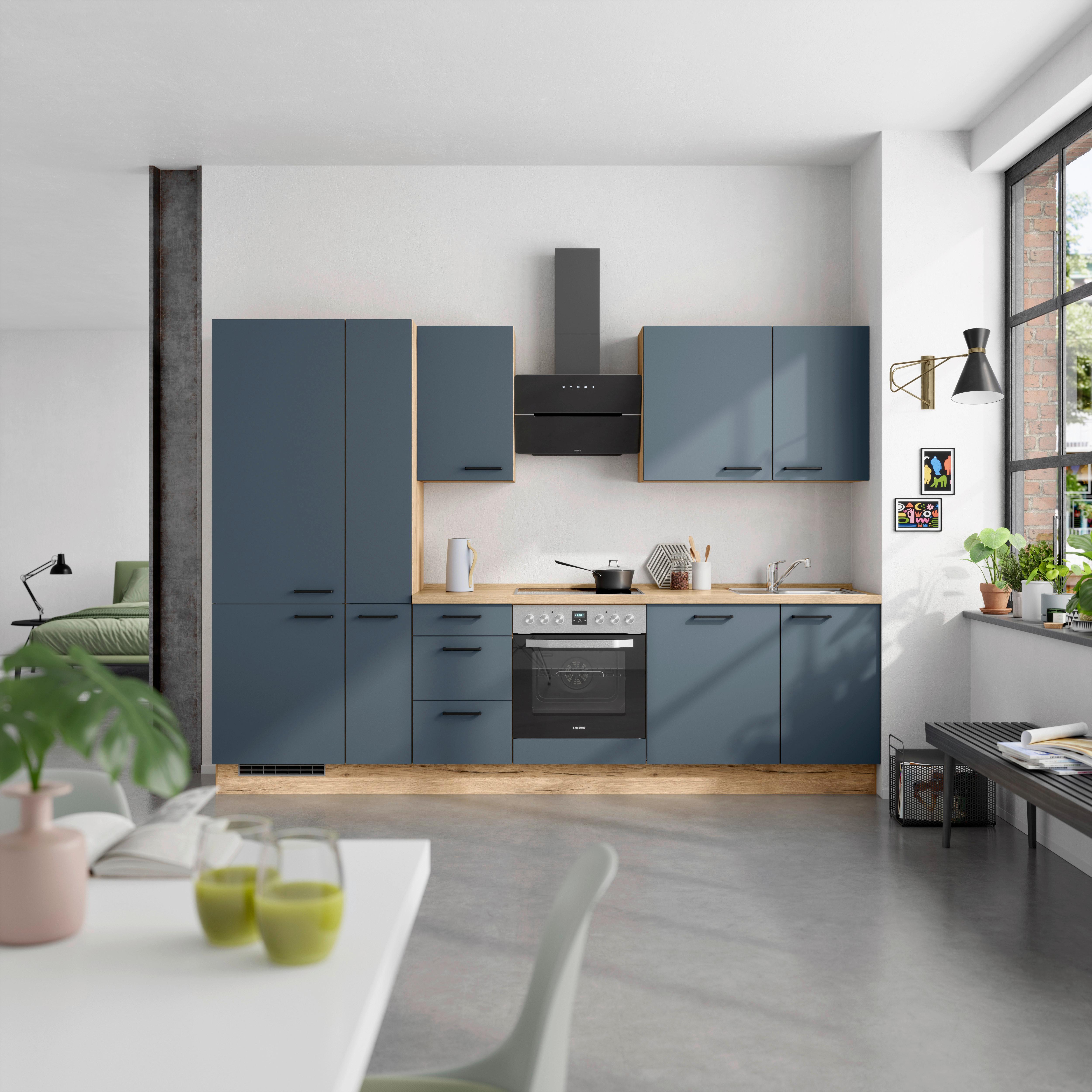 Küchenblock Easytouch High m. Geräten Dunkelblau - Eichefarben/Schwarz, MODERN, Holzwerkstoff/Metall (300cm) - Nobilia