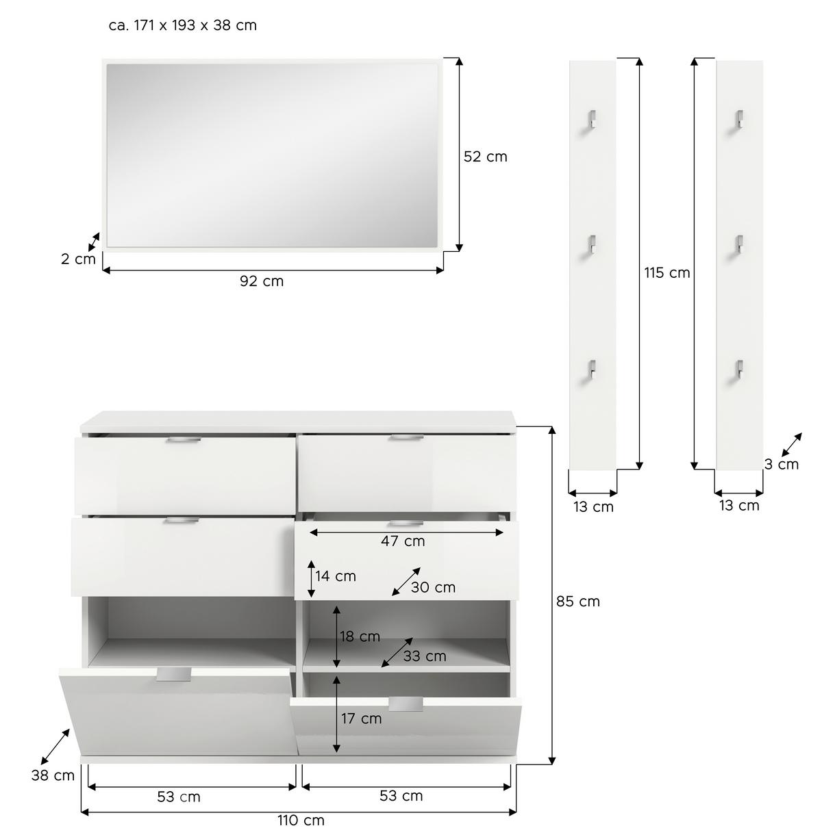GARDEROBE PROJEKT X - Weiss Hochglanz/Weiss, Design, Holzwerkstoff (171/193/37cm) - Livetastic