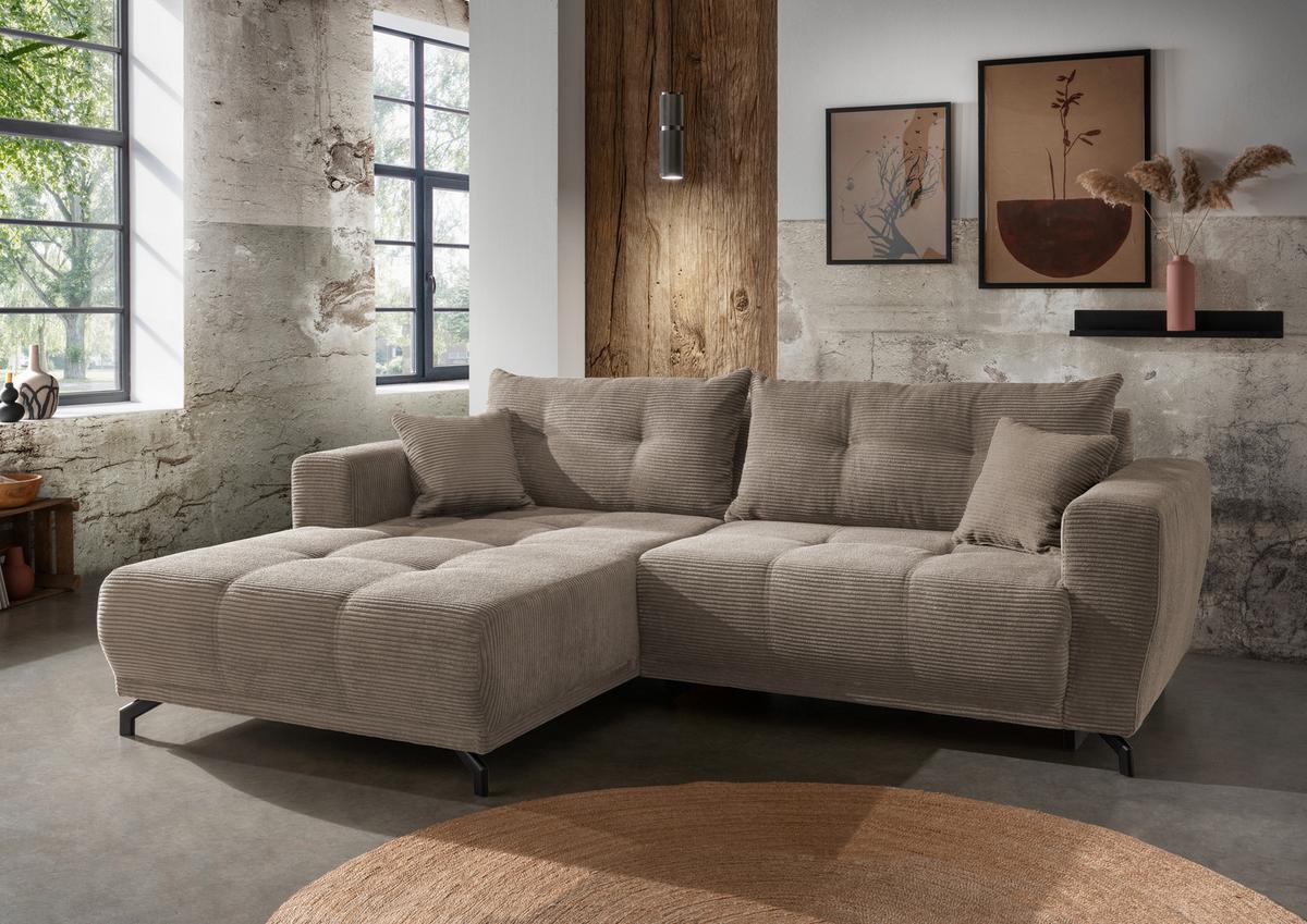 Wohnlandschaft Restato Graubraun Cord - Graubraun/Schwarz, MODERN, Holz/Textil (177/246cm) - MID.YOU