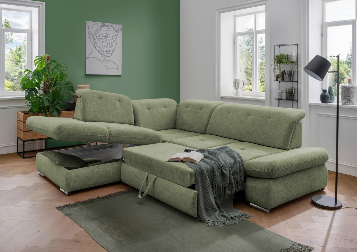 Wohnlandschaft Dalida Grün Chenille - Chromfarben/Grün, Design, Textil/Metall (254/280cm) - Livetastic
