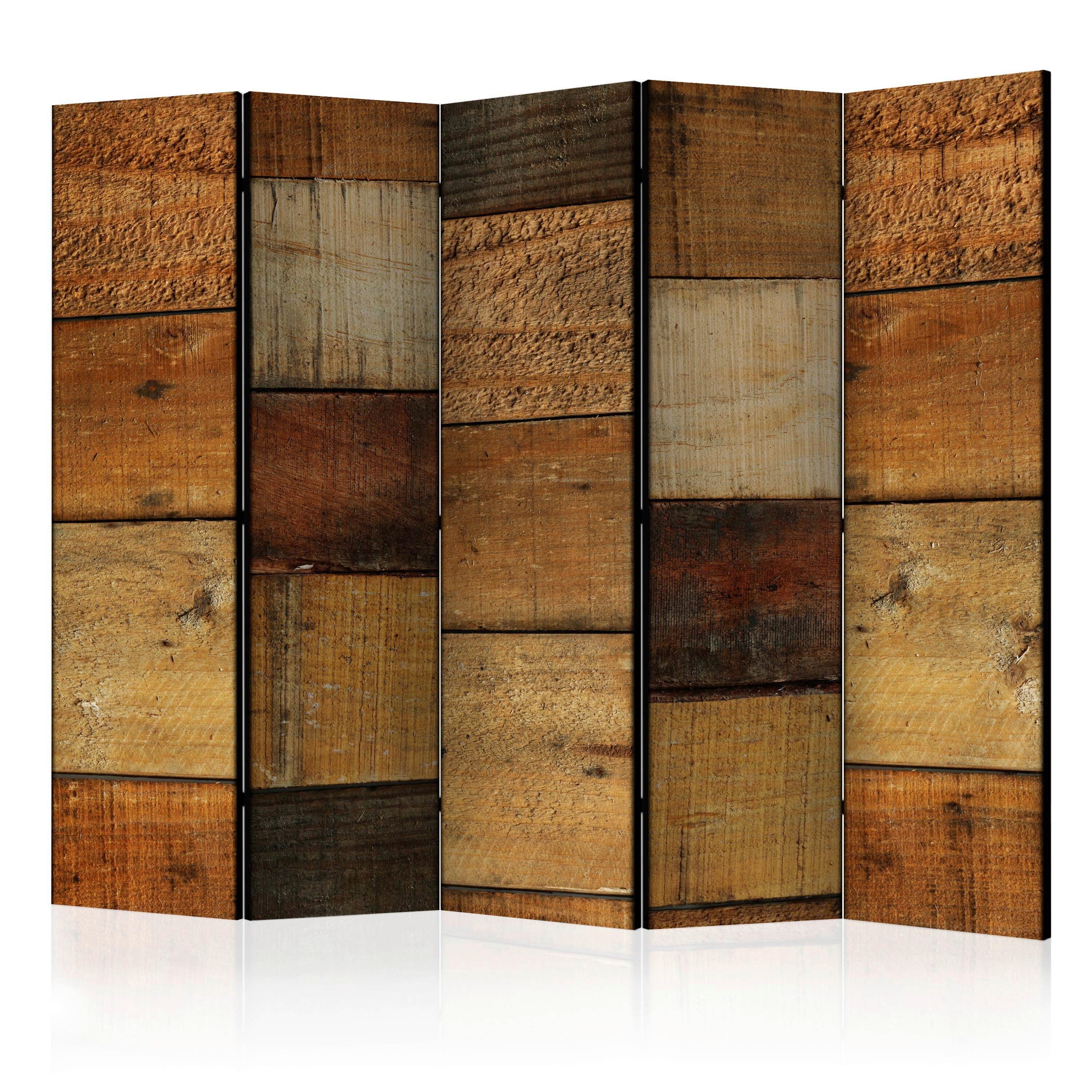 Paravan Wooden Textures I, 5-Delni, Dvostranski - barve konjaka/rjava, Basics, tekstil/les (225/172/3cm) - artgeist