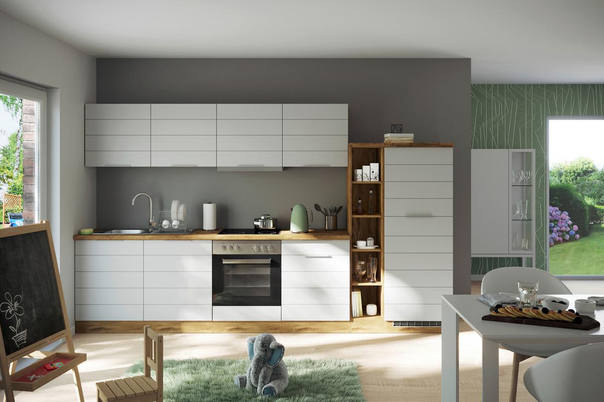 Küchenblock Florenz ohne Geräte ca. 330 cm Weiß/Eiche - Eiche Wotan/Weiß, Design, Holzwerkstoff/Metall (330cm) - Held