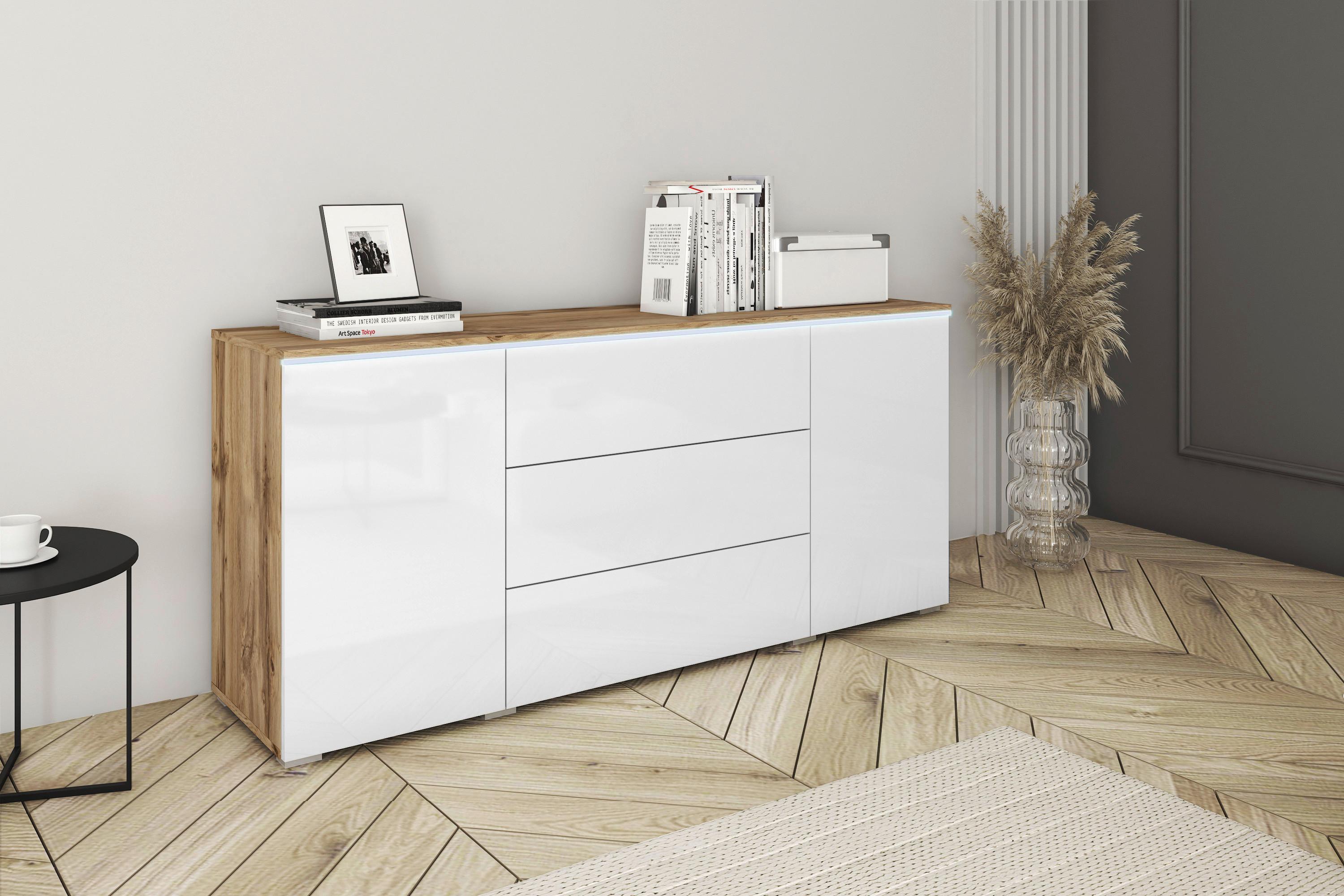 Sideboard Vera mit LED ca. 150 cm Weiß/Eiche Wotan - Weiß Hochglanz/Eiche Wotan, LIFESTYLE, Holzwerkstoff/Kunststoff (150/67,9/39,5cm) - P & B