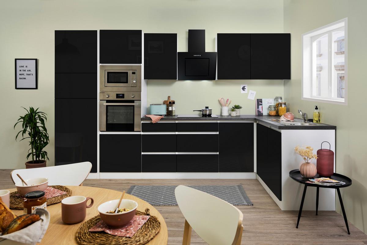 Eckküche Premium Schwarz Hochglanz/Weiß ca. 345x172 cm - Schwarz/Weiß, MODERN, Holzwerkstoff (345/172cm) - Respekta