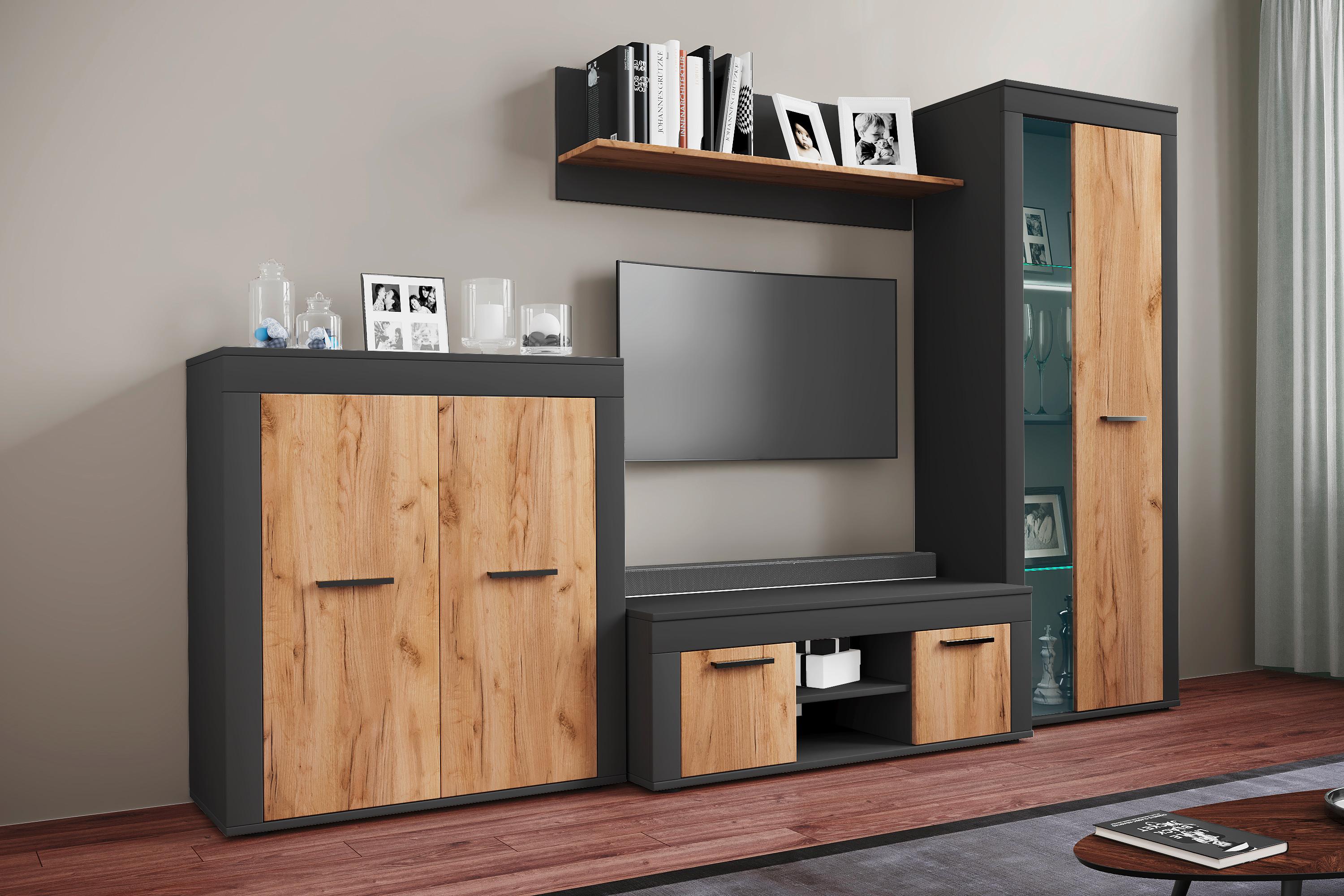 WOHNWAND USILO L WW - Honigeiche/Anthrazit, Design, Glas/Holzwerkstoff (242/159/37cm) - MID.YOU