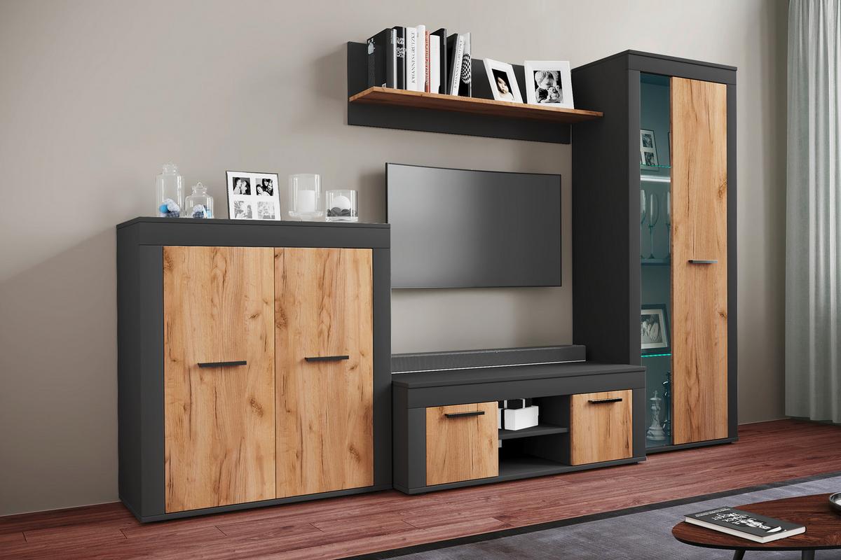 Dnevni Regal Usilo L, Barva Hrasta, Antracit, 4-Delni - črna/medeni hrast, Design, umetna masa/steklo (242/159/37cm) - MID.YOU