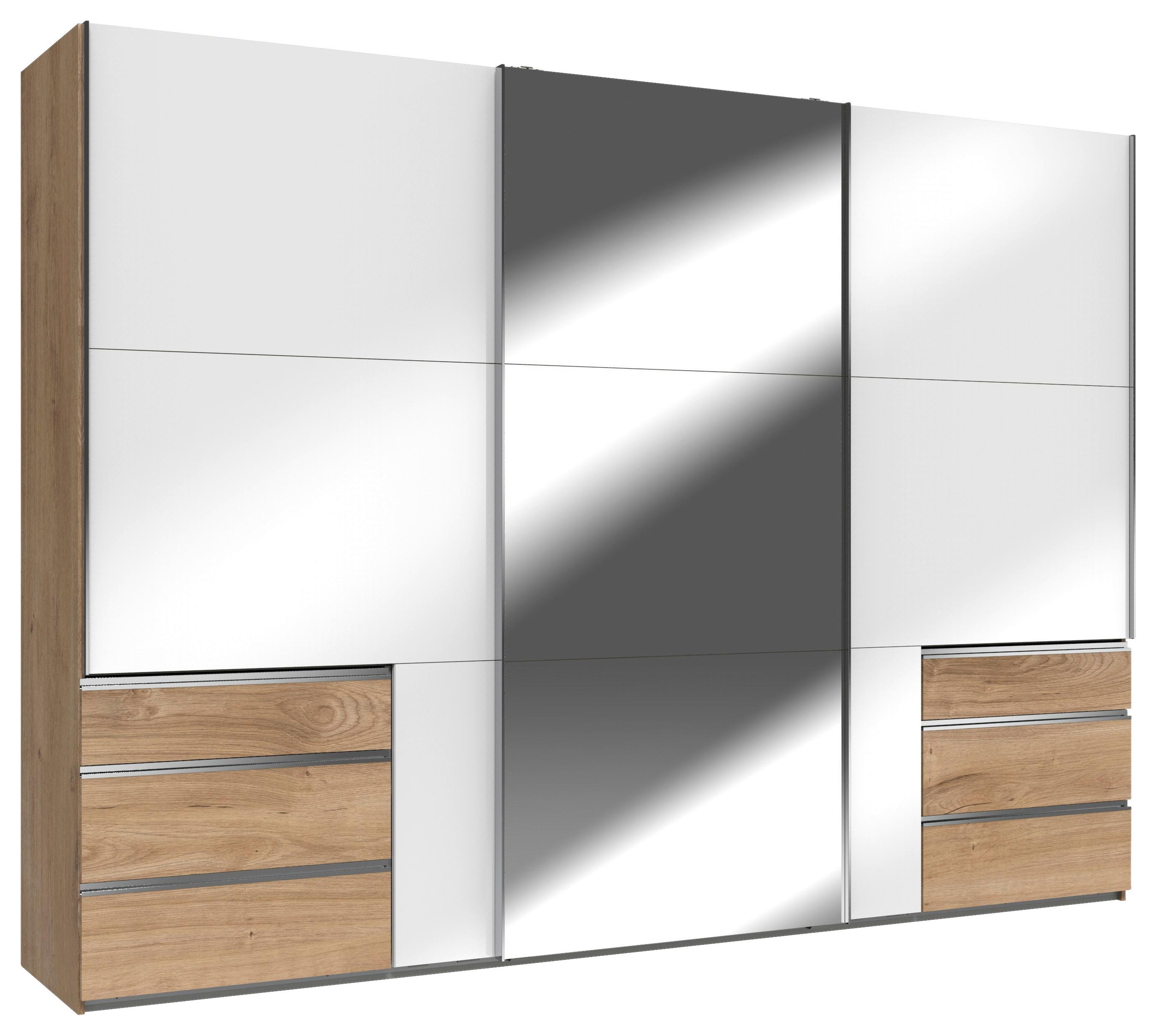 Schwebetürenschrank Level 36D ca. 300 cm Weiß/Eiche Dekor - Chromfarben/Weiß Hochglanz, MODERN, Holzwerkstoff/Metall (300/216/65cm) - MID.YOU