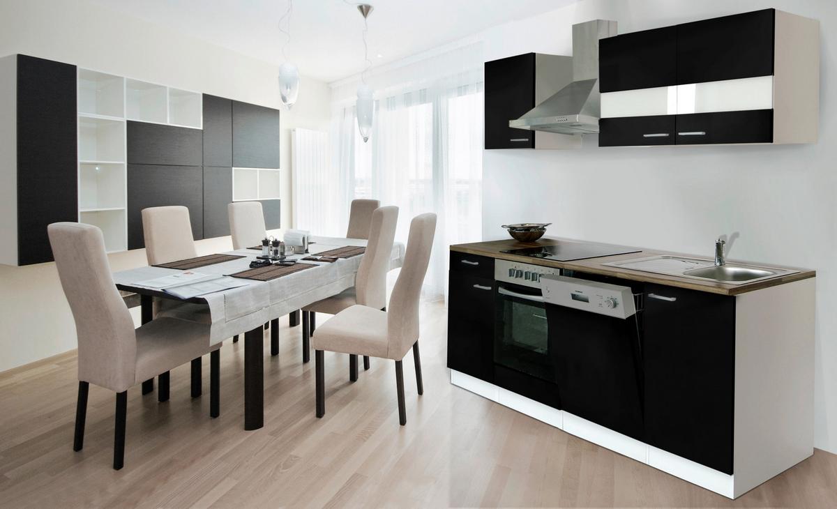 Küchenzeile Economy m. Geräten Schwarz/Nussbaum B: ca. 220 cm - Edelstahlfarben/Nussbaumfarben, Basics, Holzwerkstoff/Metall (220cm) - Respekta