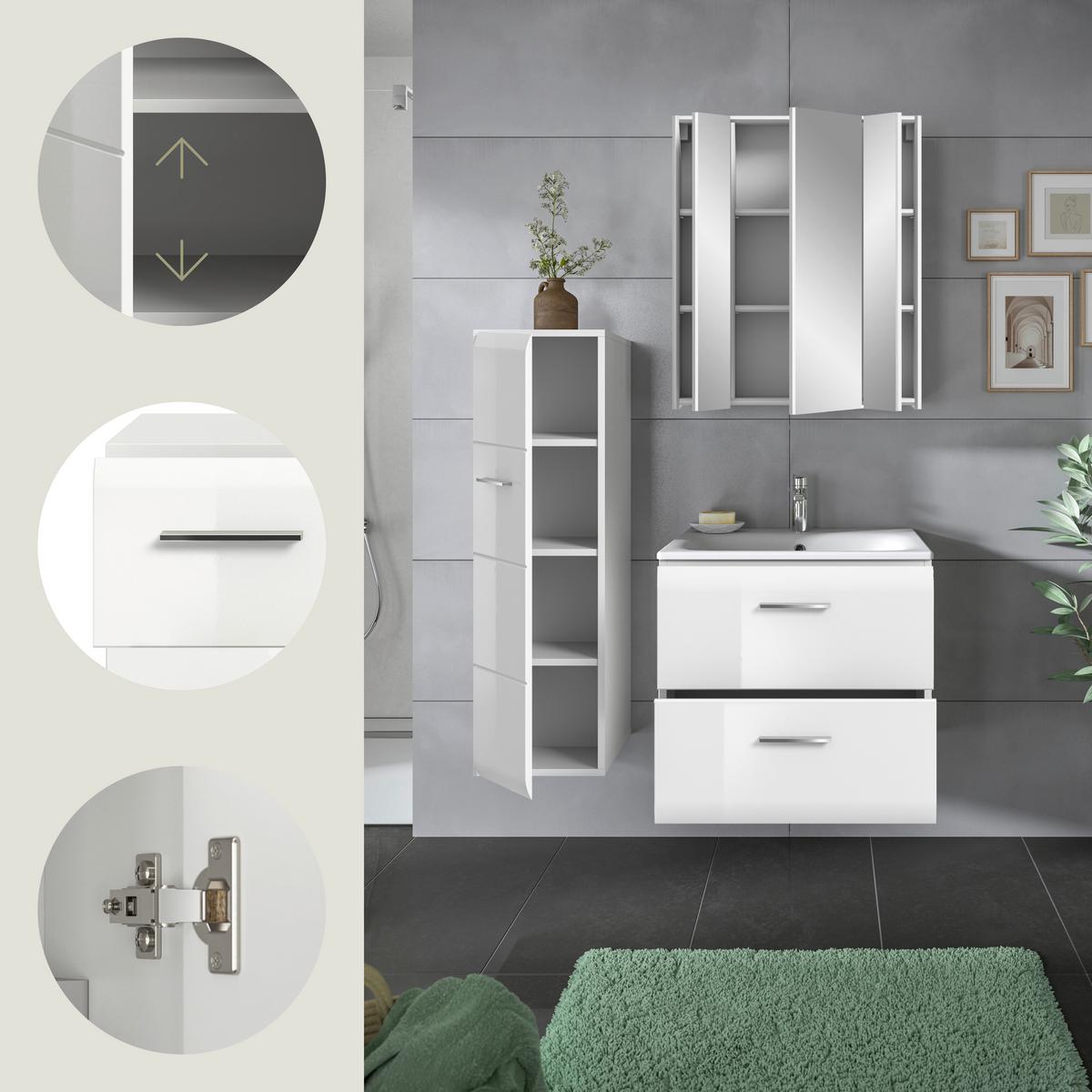 Badezimmer Ice 3-tlg. ca. 90 cm Weiß - Weiß Hochglanz/Silberfarben, MODERN, Keramik/Holzwerkstoff (90cm) - MID.YOU