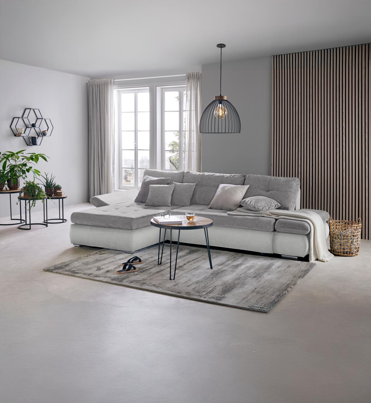 Wohnlandschaft Enrico Weiß/Hellgrau - Chromfarben/Hellgrau, KONVENTIONELL, Kunststoff/Textil (303/88/185cm) - Based