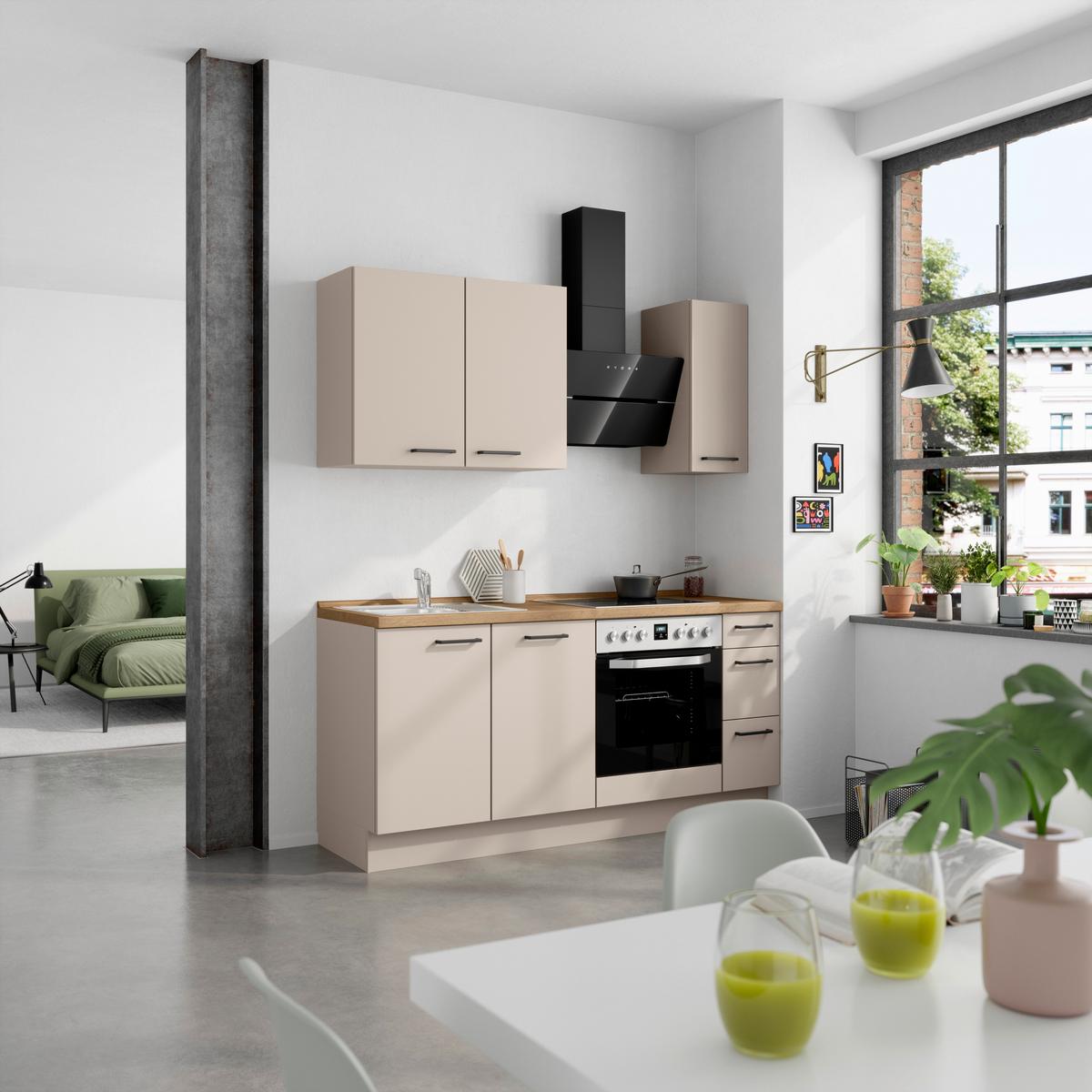 Küchenblock Easytouch High m. Geräten Sandfarben - Sandfarben/Eichefarben, MODERN, Holzwerkstoff/Metall (180cm) - Nobilia