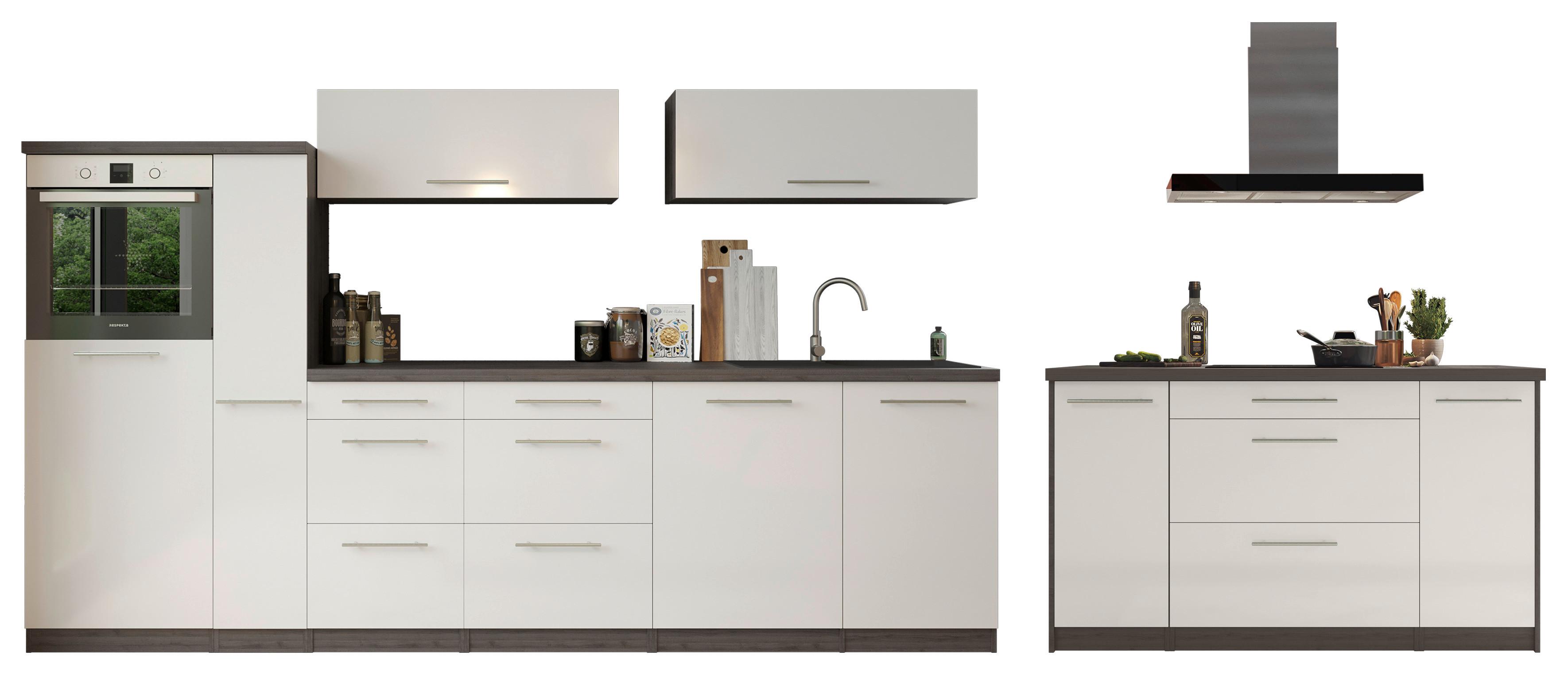 Inselküche Premium Weiss m. Geräten B: ca. 310 cm - Weiß/Grau, Basics, Holzwerkstoff (310/160cm) - Respekta