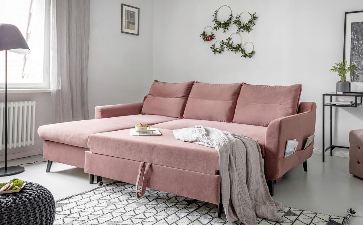 Eckschlafsofa in Altrosa ´STYLISH STAN´ - Altrosa/Schwarz, Basics, Holz/Textil (150/230cm) - MID.YOU