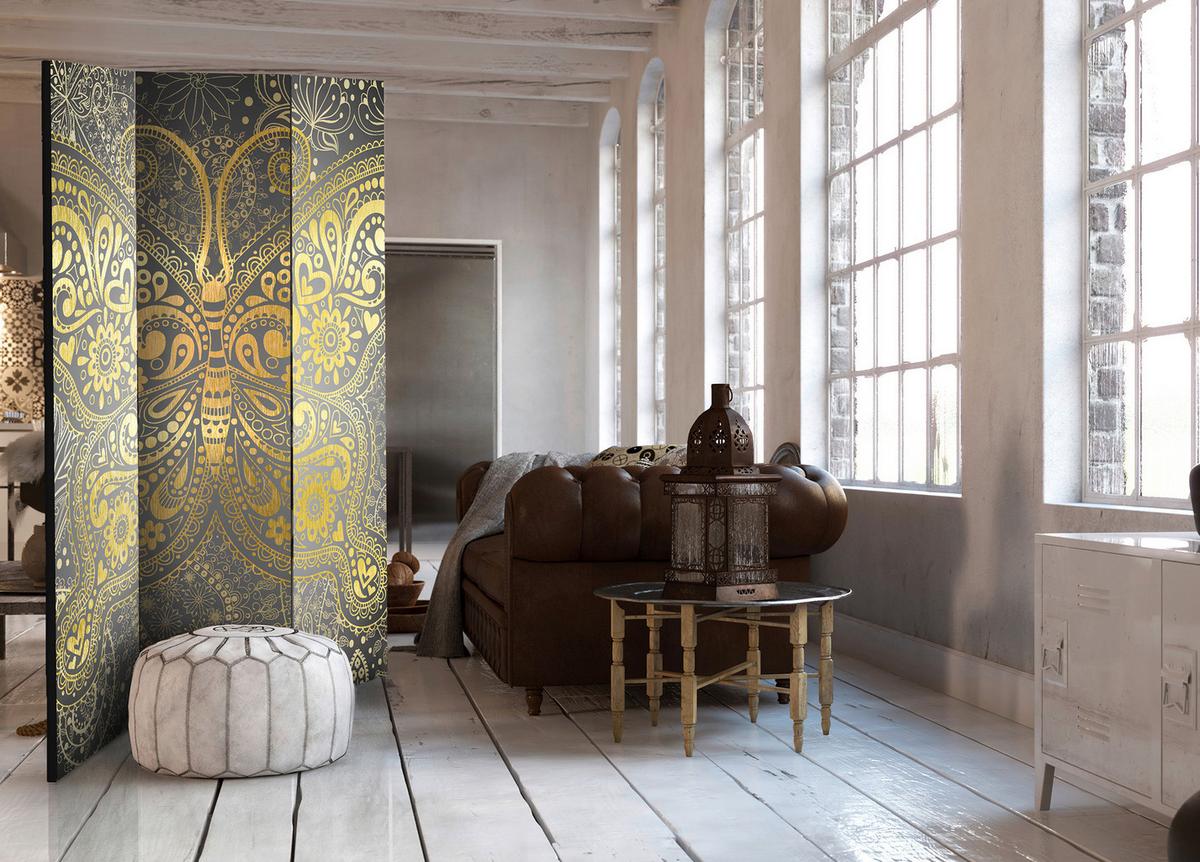 Paravan Golden Butterfly, 3-Delni, Dvostranski - mocha rjava/barve karija, Basics, tekstil/les (135/172/3cm) - artgeist