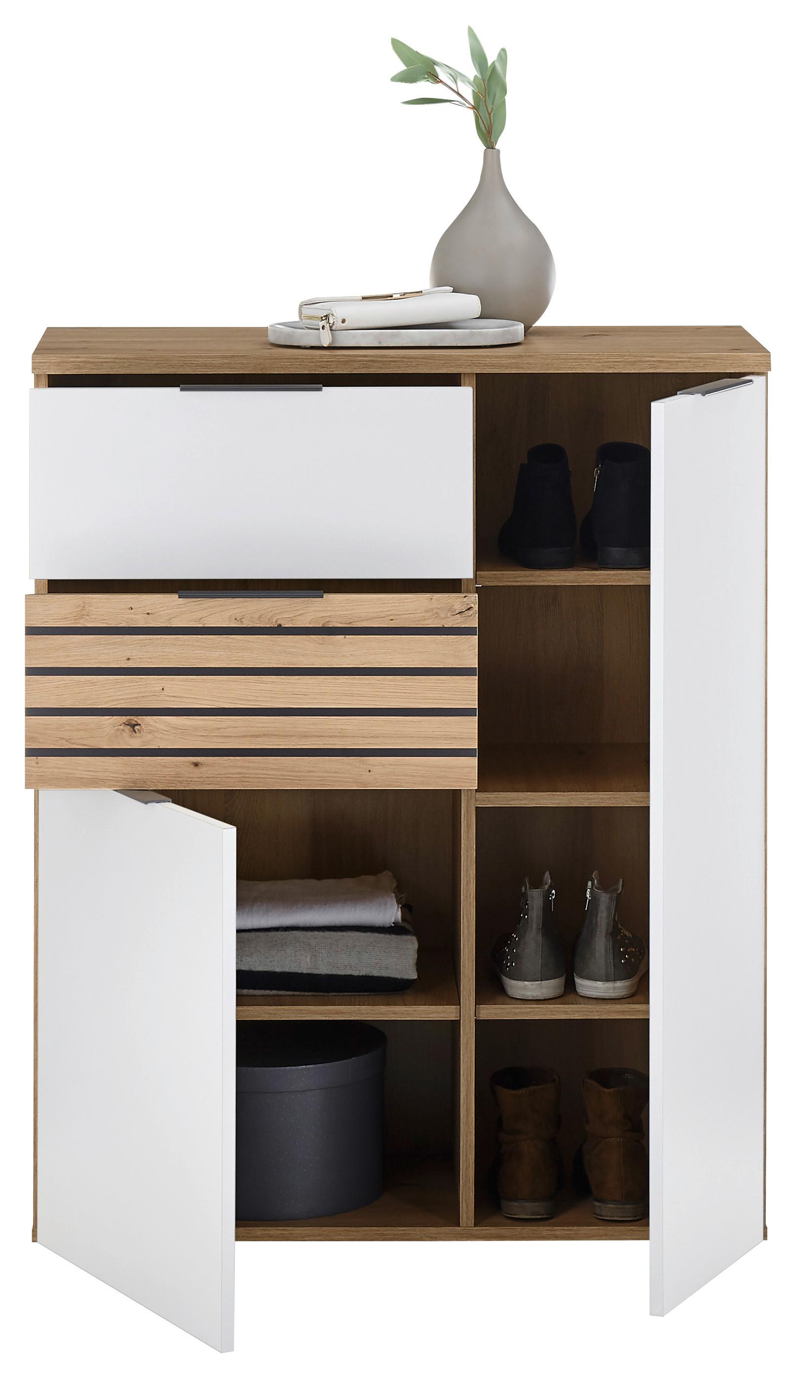 KOMODA MILAN - kolor srebrny/biały, Design, materiał drewnopochodny/tworzywo sztuczne (85/105/38cm) - MID.YOU