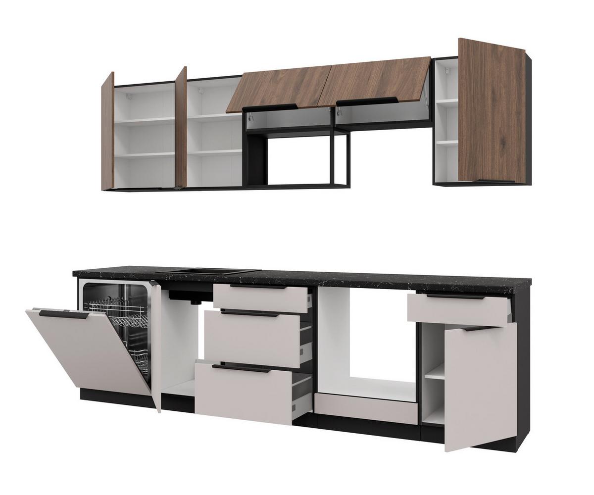 Bucatarie fara electrocasnice ARONA/MONZA - cașmir/culoare lemn de nuc, Modern, metal/material pe bază de lemn (280/210/60cm) - Modern Living