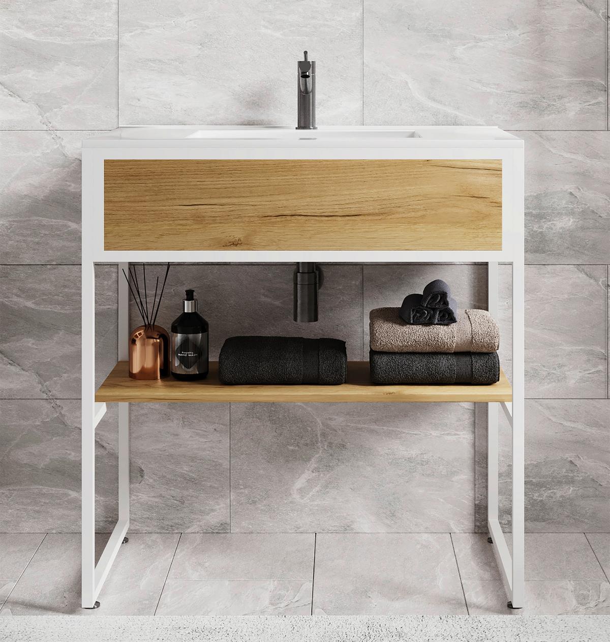 Kombiniran Umivalnik Bitila 80, Bela, Barva Hrasta - bela/medeni hrast, Moderno, kovina/leseni material (80cm) - MID.YOU