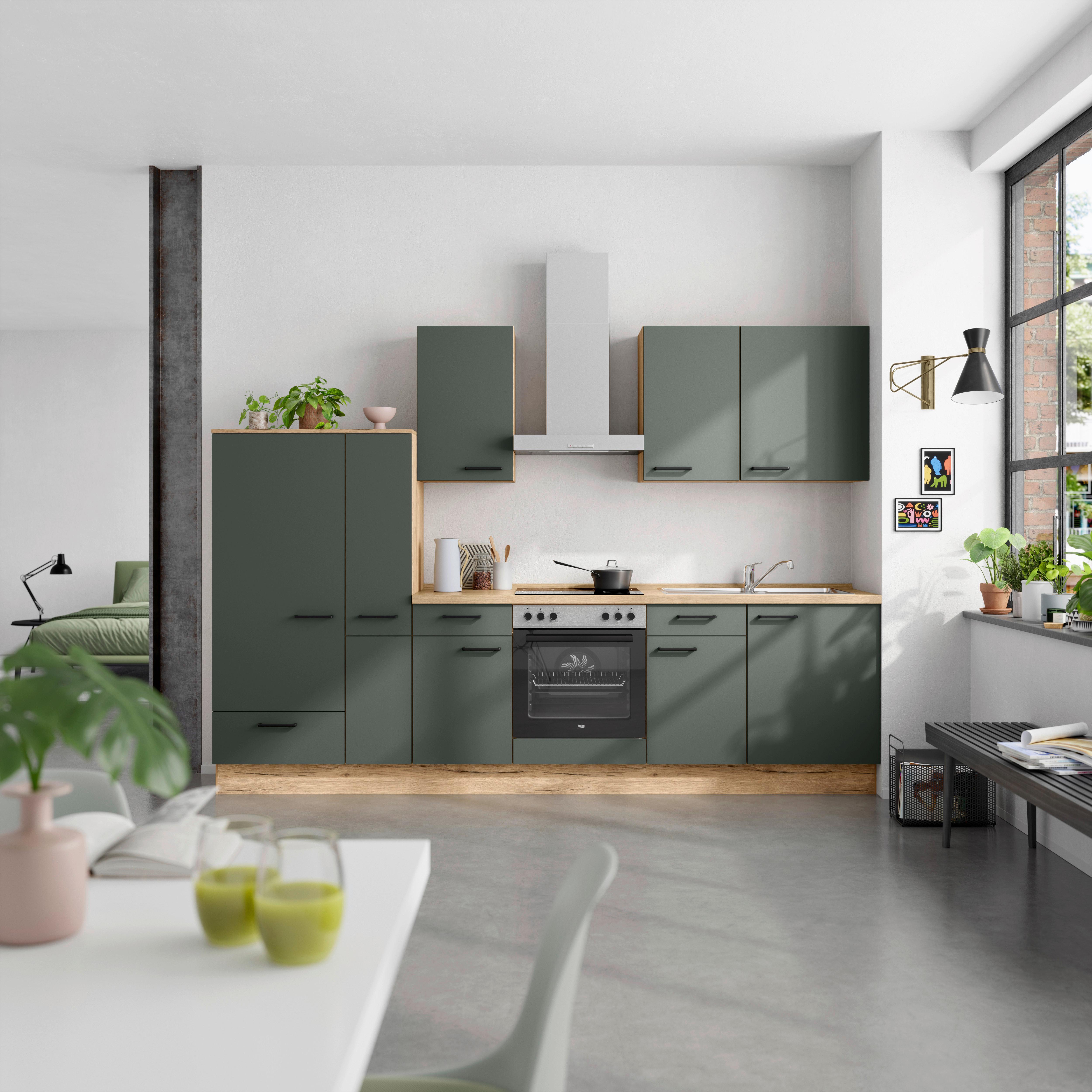 Küchenleerblock Easytouch Low o. Geräte Dunkelgrün - Dunkelgrün/Eichefarben, MODERN, Holzwerkstoff/Metall (300cm) - Nobilia