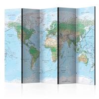 Paravan World Map, 5-Delni, Akustičen - pastelno modra/svetlo zelena, Basics, umetna masa/tekstil (225/172/3cm) - artgeist