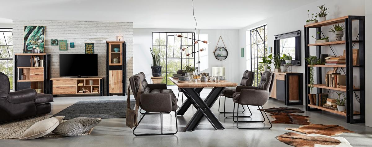 Vitrina Construction - črna/naravne barve, Trendi, kovina/steklo (60/180/40cm) - Zandiara