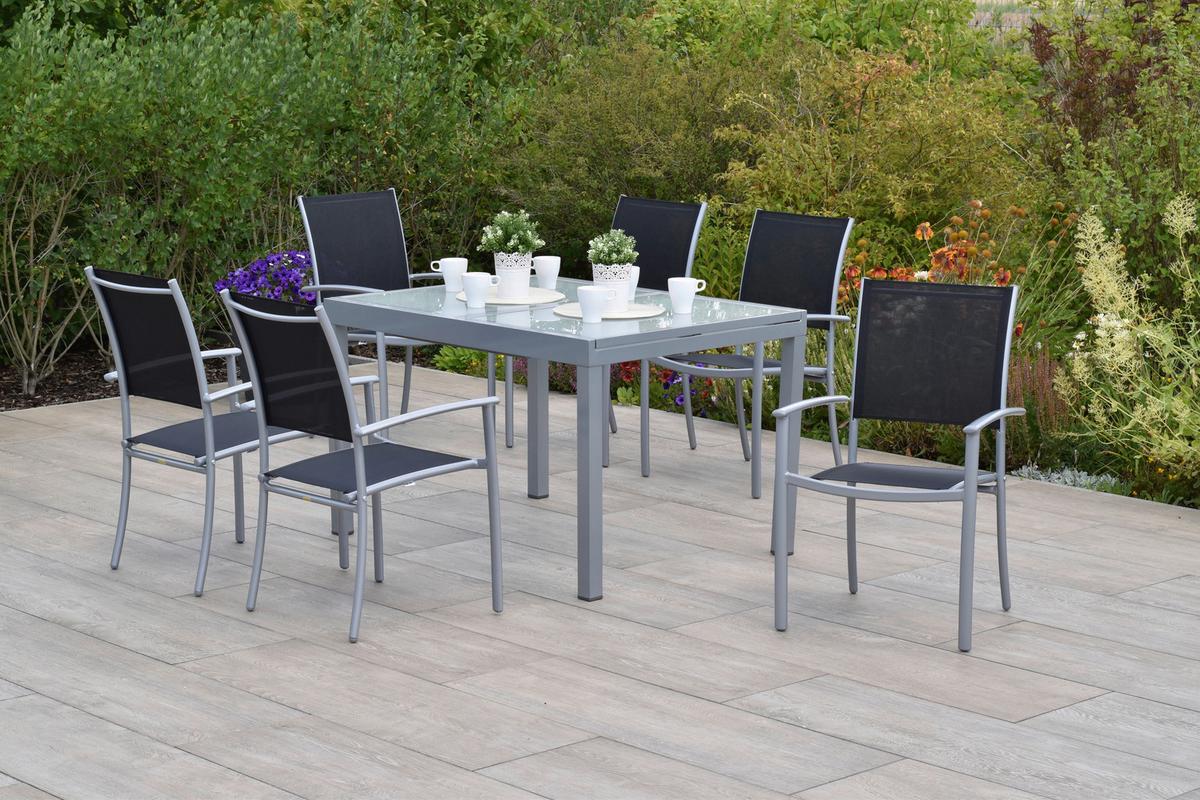 Vrtni Set Milano, 7-delni, Raztegljiva Miza - srebrne barve/črna, Moderno, kovina/tekstil - Gardenson