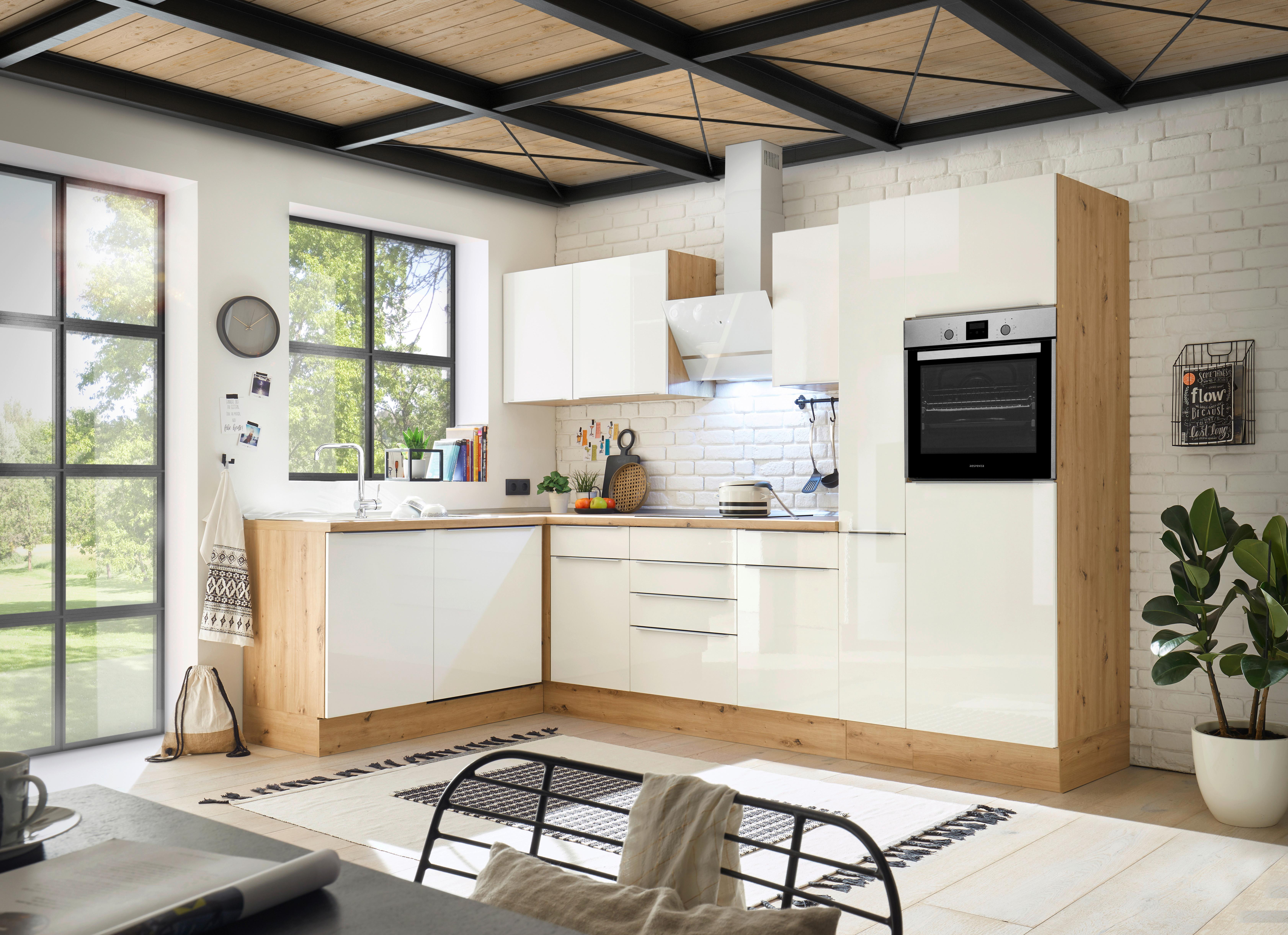 Eckküche Marleen mit Geräten Weiß/Eiche ca. 310x170cm - Weiß Hochglanz/Alufarben, LIFESTYLE, Holzwerkstoff/Kunststoff (310/170cm) - Respekta