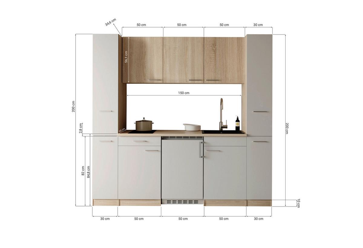 Küchenblock Ingrid m. Geräten Weiß - Eichefarben/Alufarben, Design, Holzwerkstoff/Kunststoff (210cm) - Respekta