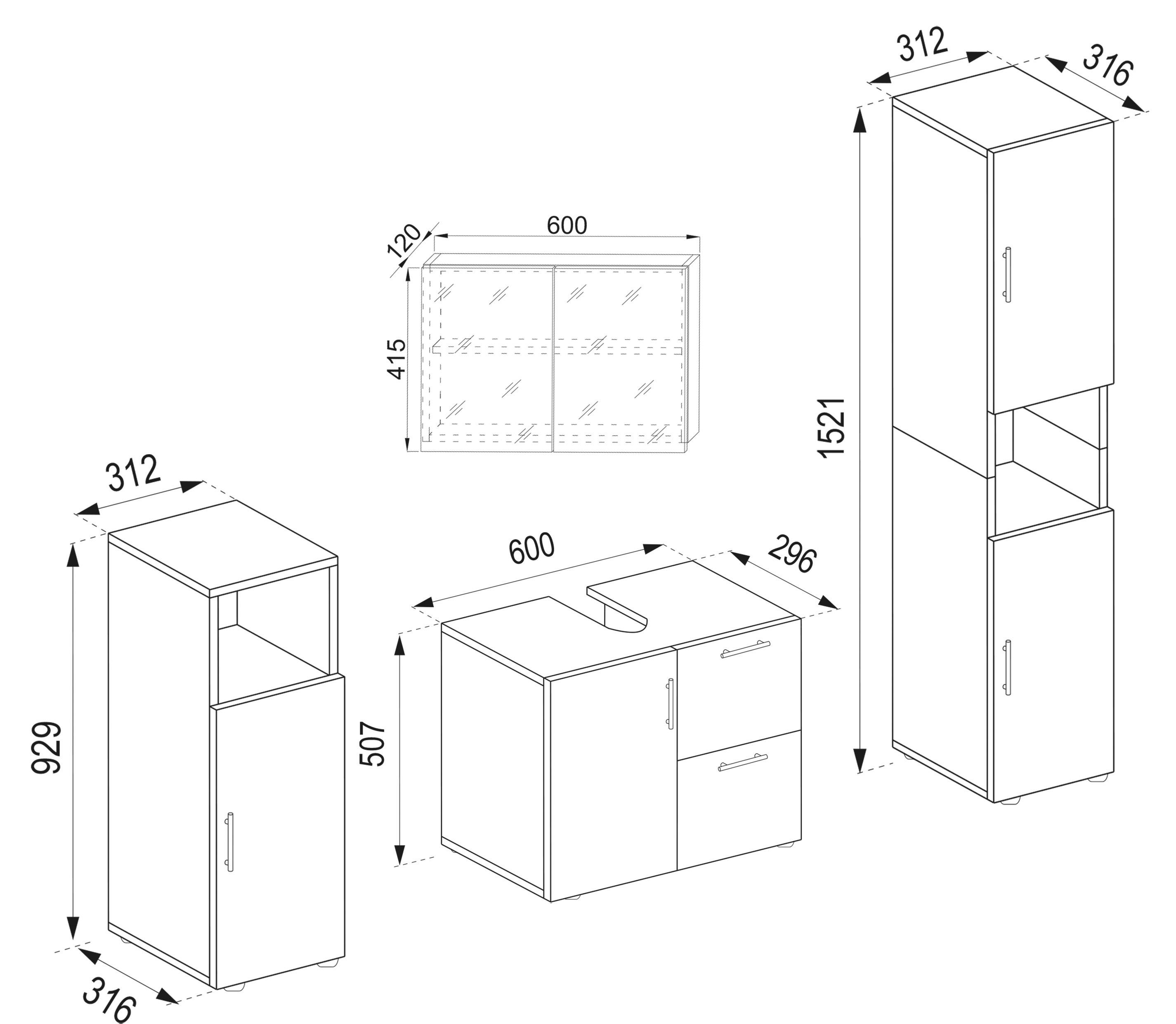 Badezimmer Flandu 4-tlg. ca. 123 cm Honigeiche/Weiß - Honigeiche/Silberfarben, MODERN, Holzwerkstoff/Kunststoff (123cm) - MID.YOU
