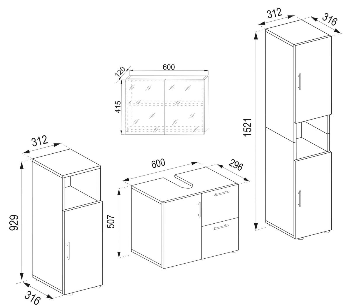 Badezimmer Flandu 4-tlg. ca. 123 cm Honigeiche/Weiß - Honigeiche/Silberfarben, MODERN, Holzwerkstoff/Kunststoff (123cm) - MID.YOU