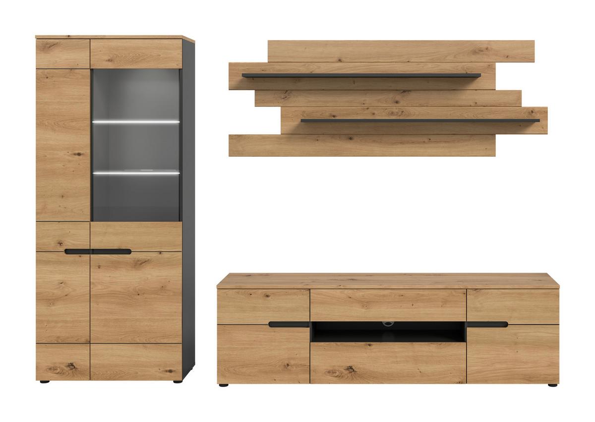 Dnevni Regal Canu, Siva, Barva Hrasta, Osvetlitev, 3-Delni - črna/hrast artisan, Design, umetna masa/leseni material (280/190/44cm) - Livetastic