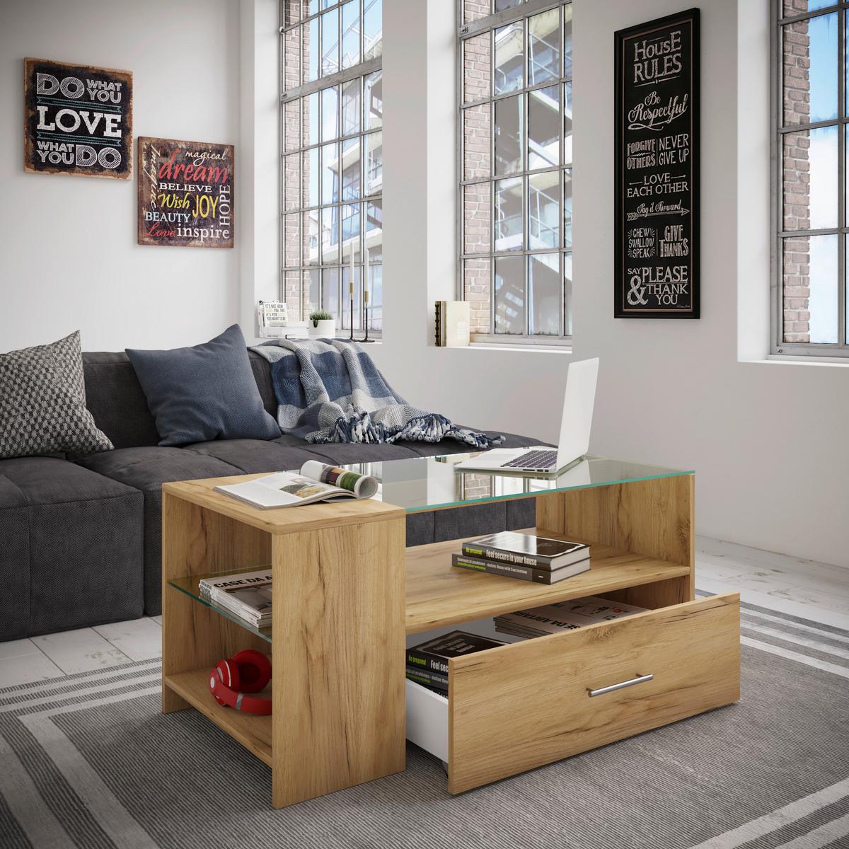 Klubska Miza Tindala, Hrast - barve hrasta/barve medu, Basics, steklo/leseni material (50/100/45cm) - MID.YOU