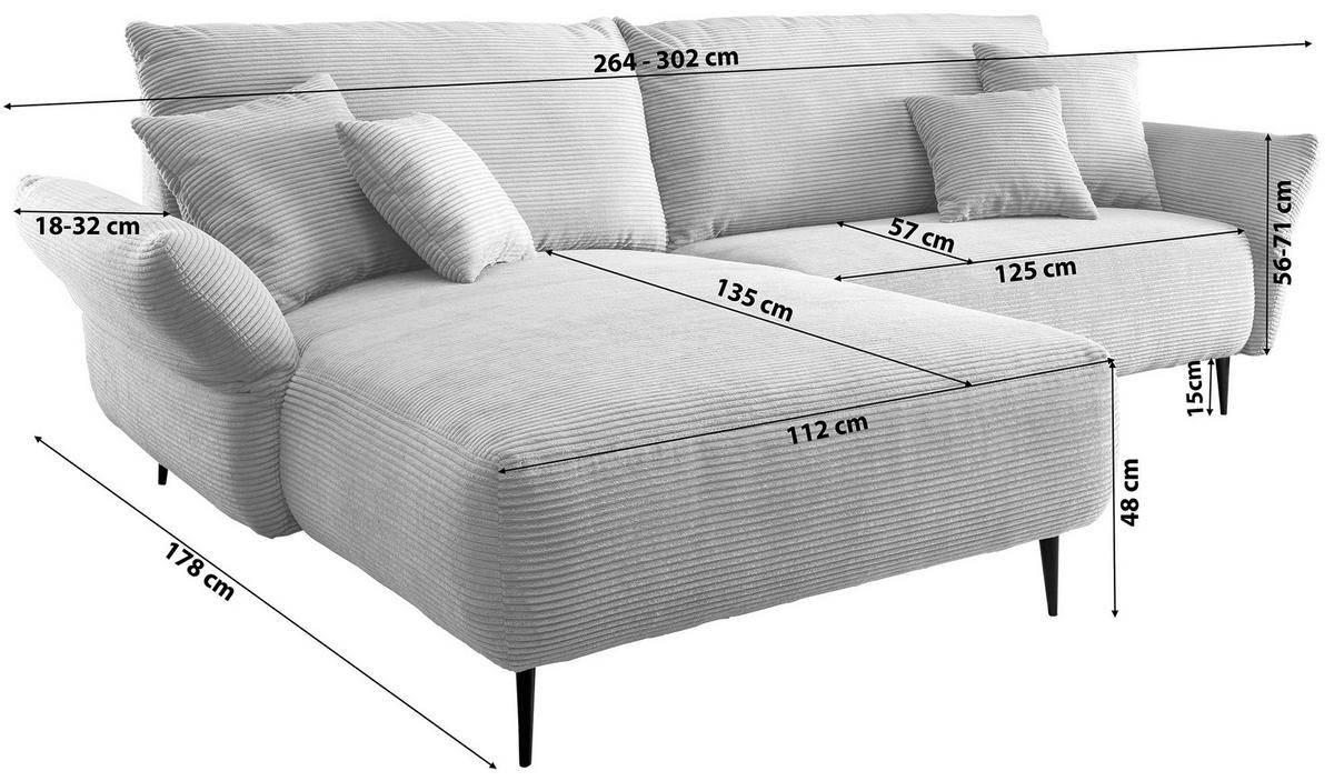 Sedežna Garnitura Vanilla, Siva - siva/črna, Design, kovina/tekstil (178/264-302cm) - Modern Living