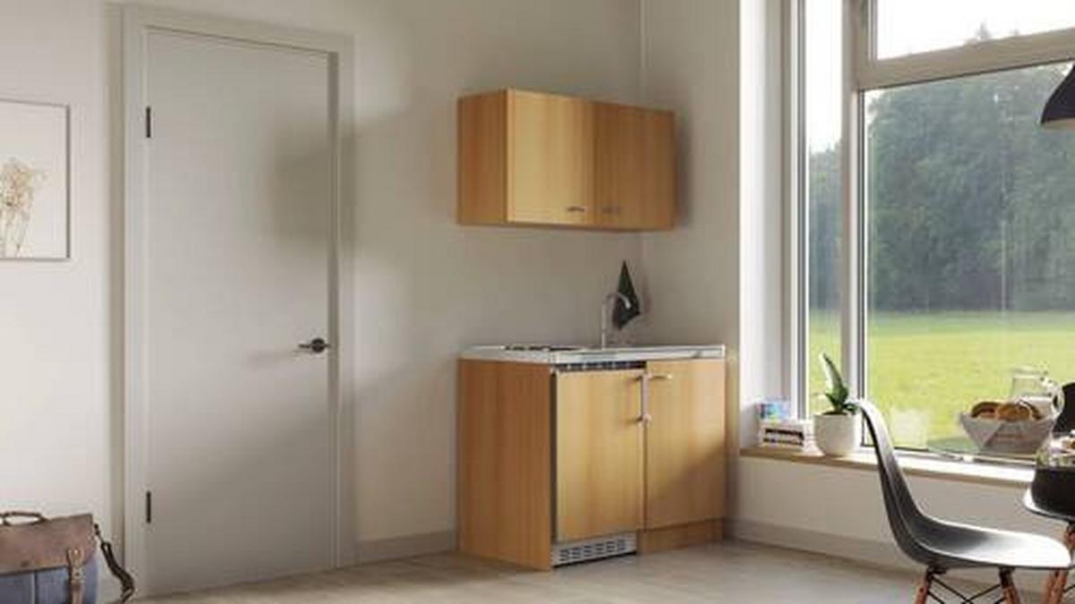 Miniküche Nano mit Geräten ca. 100 cm Buchefarben - Edelstahlfarben/Buchefarben, MODERN, Holzwerkstoff/Kunststoff (100cm) - FlexWell
