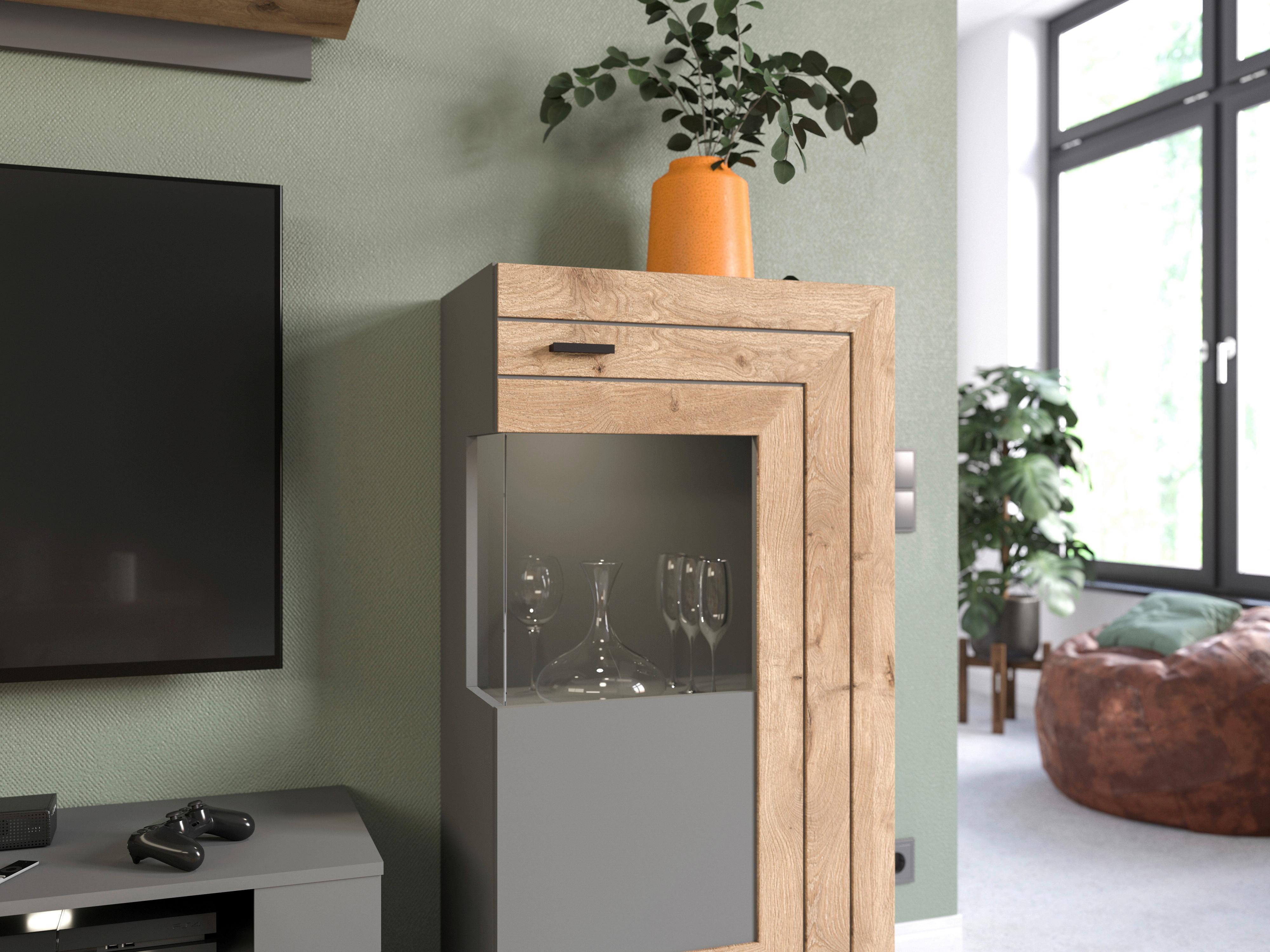 Drehtürenschrank Freno ca. 117x60 cm Nox Eiche/Grau - KONVENTIONELL, Glas/Holzwerkstoff (117/60/37cm) - MID.YOU