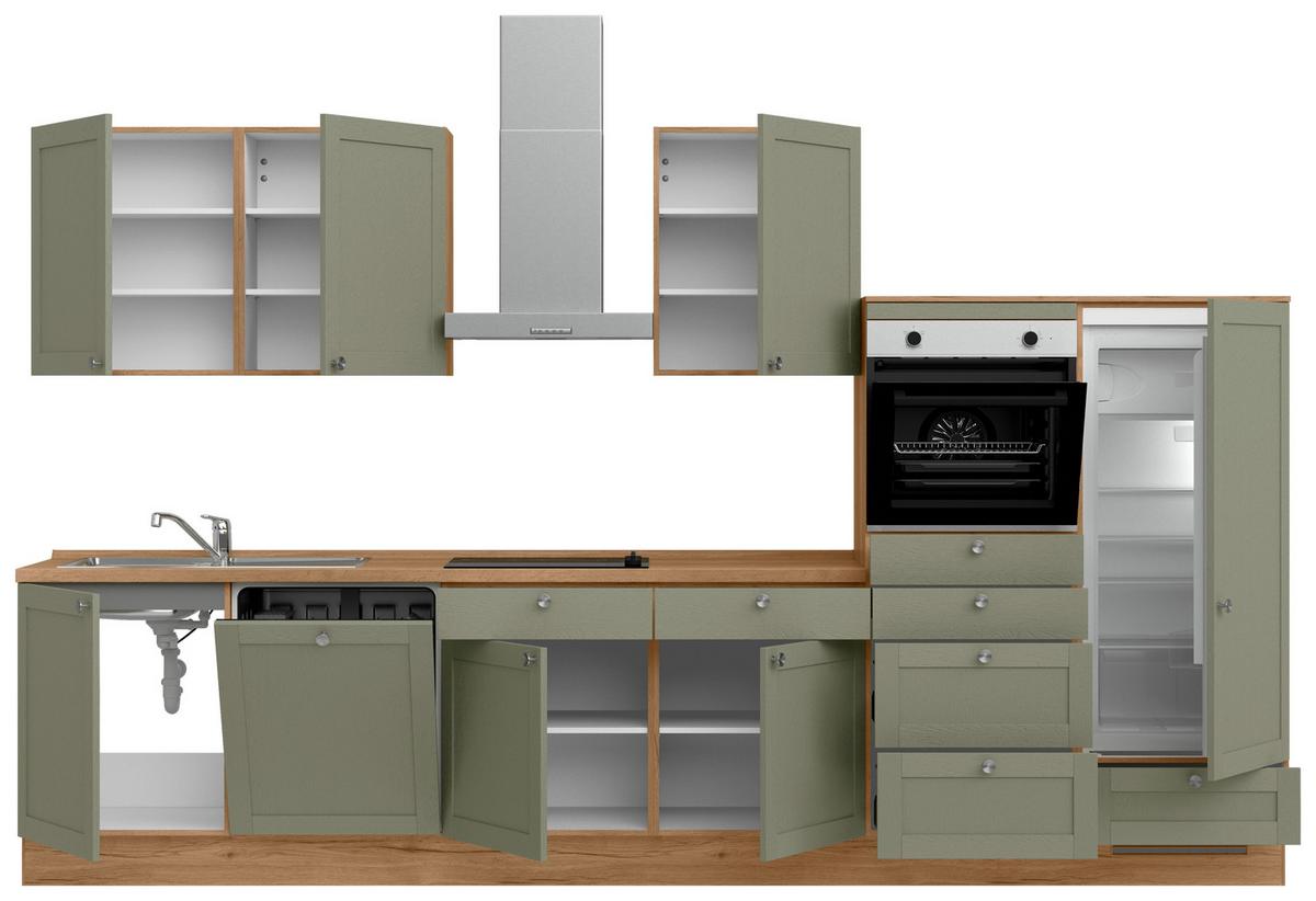 Küchenleerblock Frame Low o. Geräte Olivgrün - Edelstahlfarben/Eichefarben, MODERN, Holzwerkstoff/Metall (360cm) - Nobilia