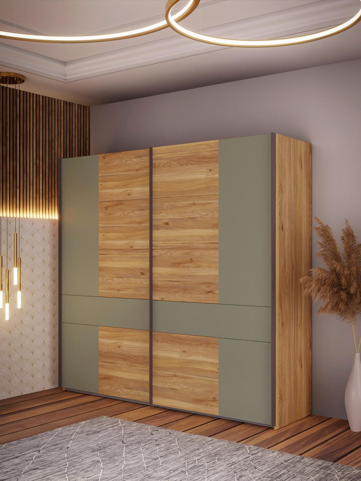 Omara Z Drsnimi Vrati Whenua, Barva Hrasta, Zelena - barve hrasta/žajbljevo zelena, Moderno, kovina/leseni material (220/210,5/62cm) - Mömax