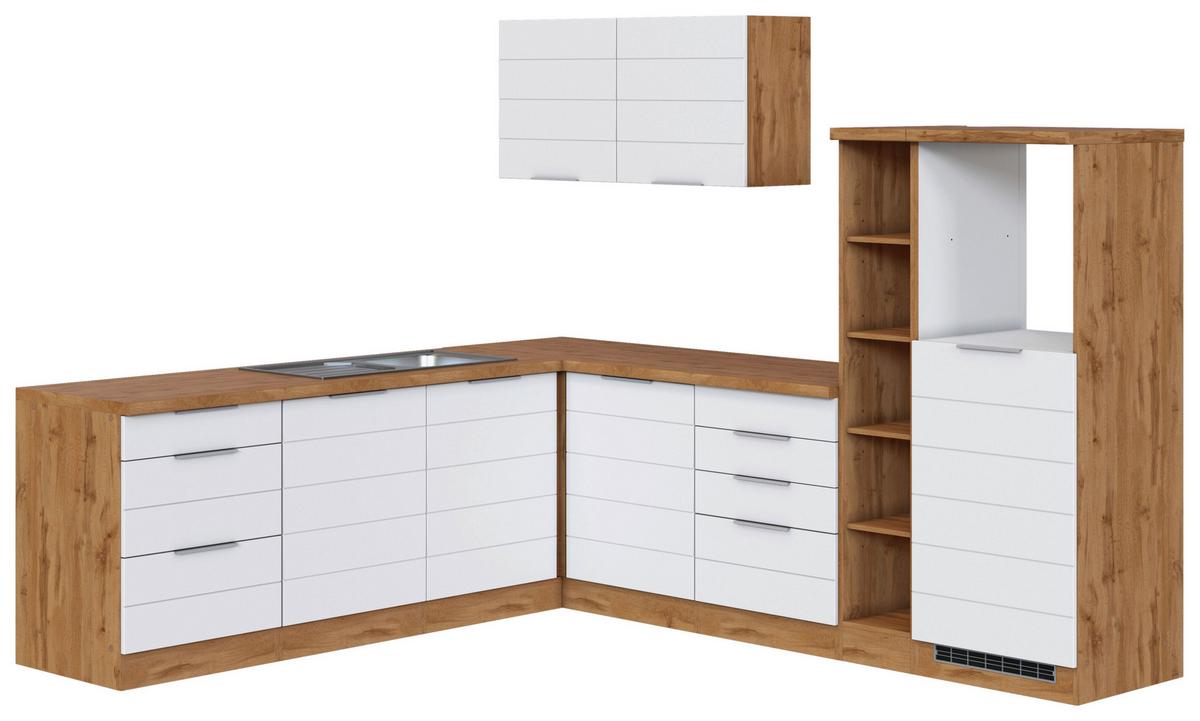 Eckküche Florenz ohne Geräte ca. 240x270 cm Weiß/Eiche - Eiche Wotan/Weiß, Design, Holzwerkstoff/Metall (240/270cm) - Held