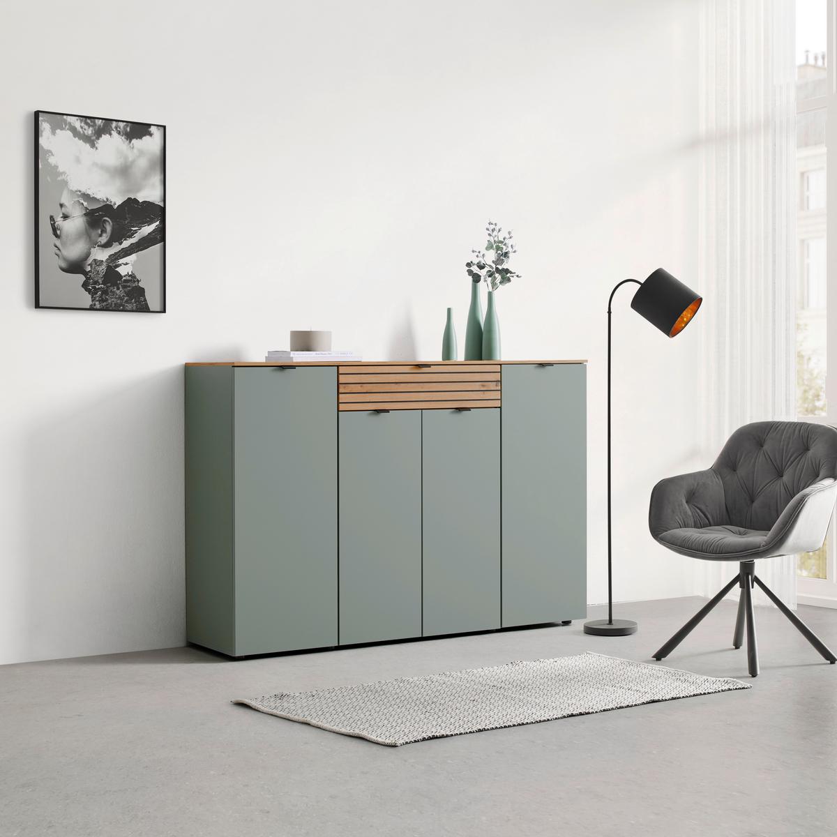 Sideboard Bahia-M Grün/Eiche Artisan - Schwarz/Eiche Artisan, MODERN, Holzwerkstoff (150/101/41cm) - Mömax