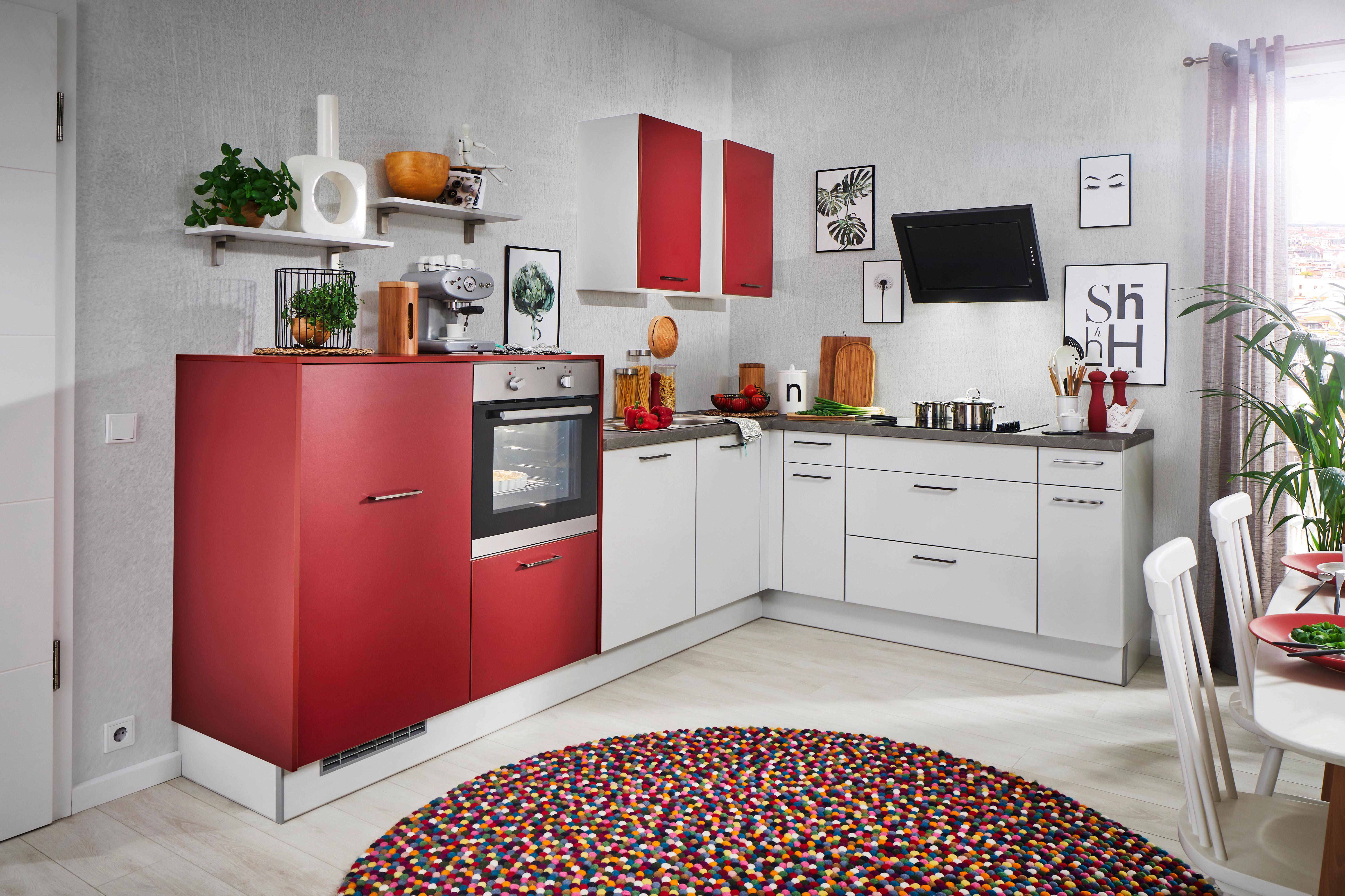 Einbauküche PN225 in Weiß/Rot - Grau, MODERN, Holzwerkstoff - Pino