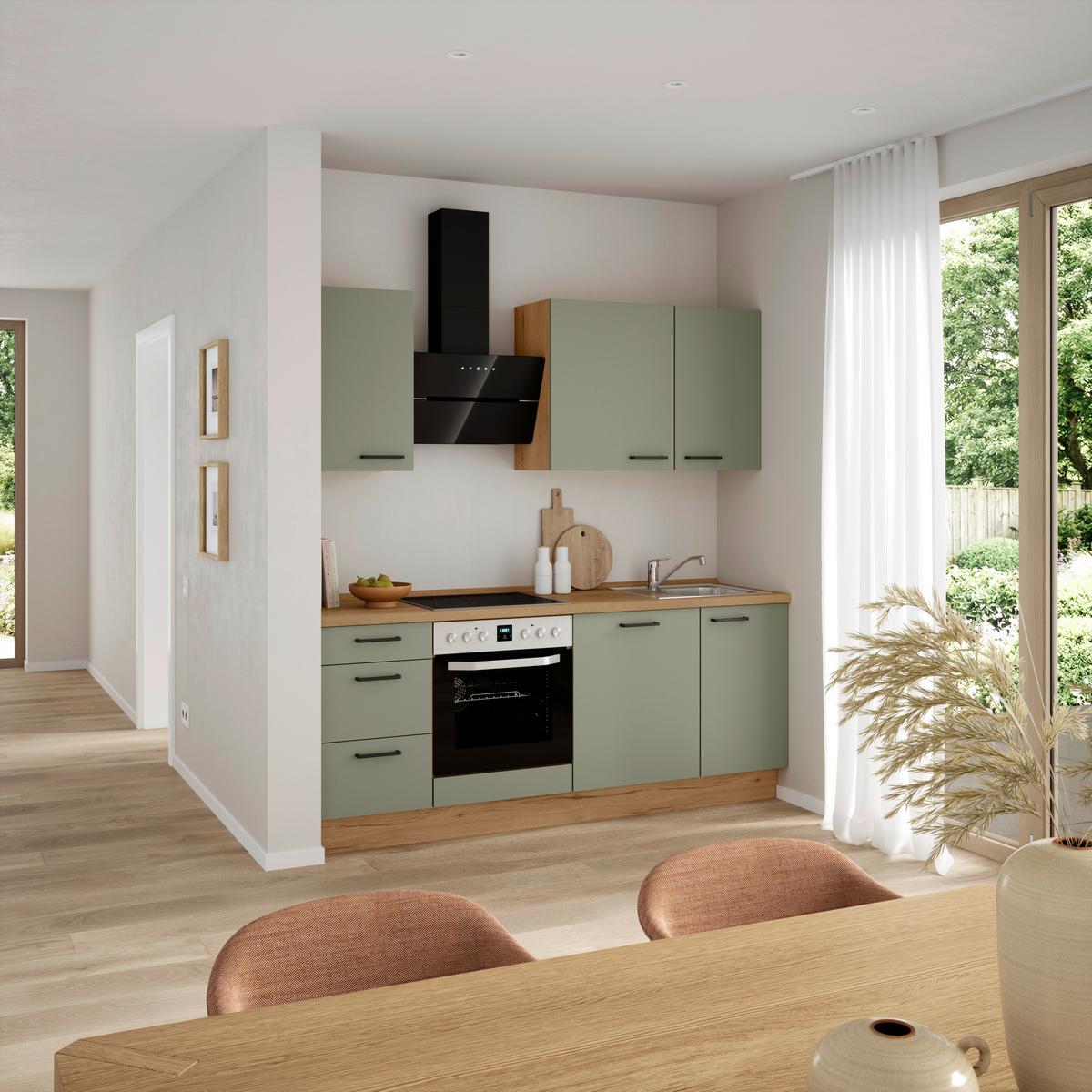 Küchenleerblock Senso High o. Geräte Olivgrün - Eichefarben/Schwarz, ROMANTIK / LANDHAUS, Holzwerkstoff/Metall (210cm) - Nobilia
