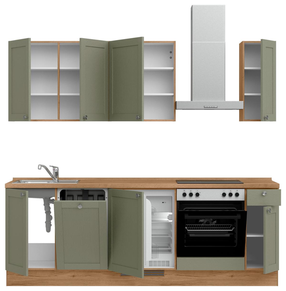 Küchenleerblock Frame Low o. Geräte Olivgrün - Edelstahlfarben/Eichefarben, MODERN, Holzwerkstoff/Metall (240cm) - Nobilia