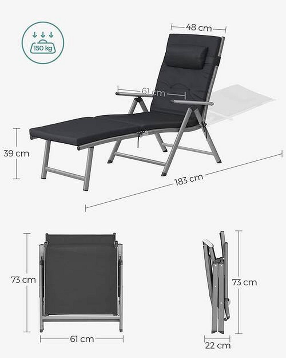 Sonnenliege 6cm dicke Matratze Grau/Schwarz - Schwarz/Grau, Basics, Textil/Metall (61/39/183cm) - Modante