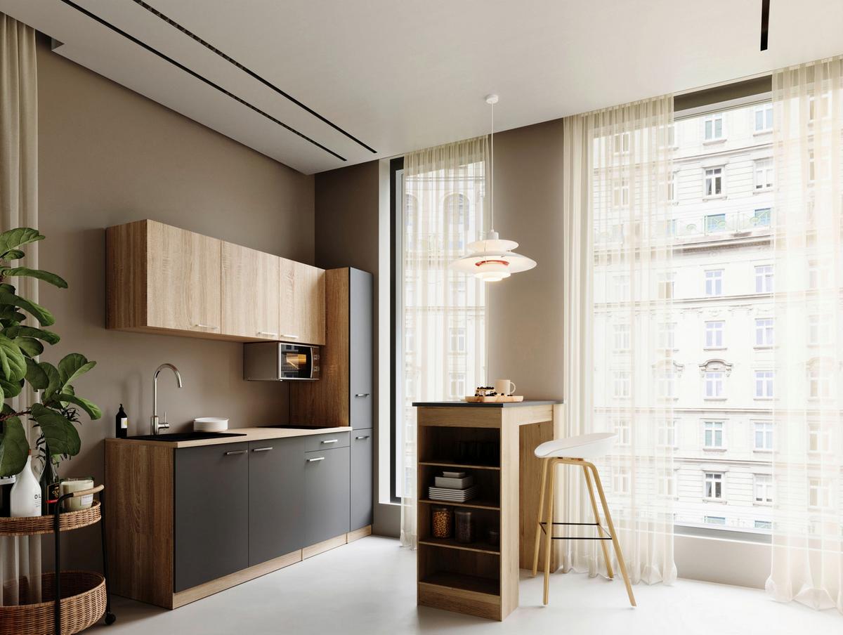 Küchenblock Ingrid m. Geräten Grau - Eichefarben/Alufarben, Design, Holzwerkstoff/Kunststoff (180cm) - Respekta