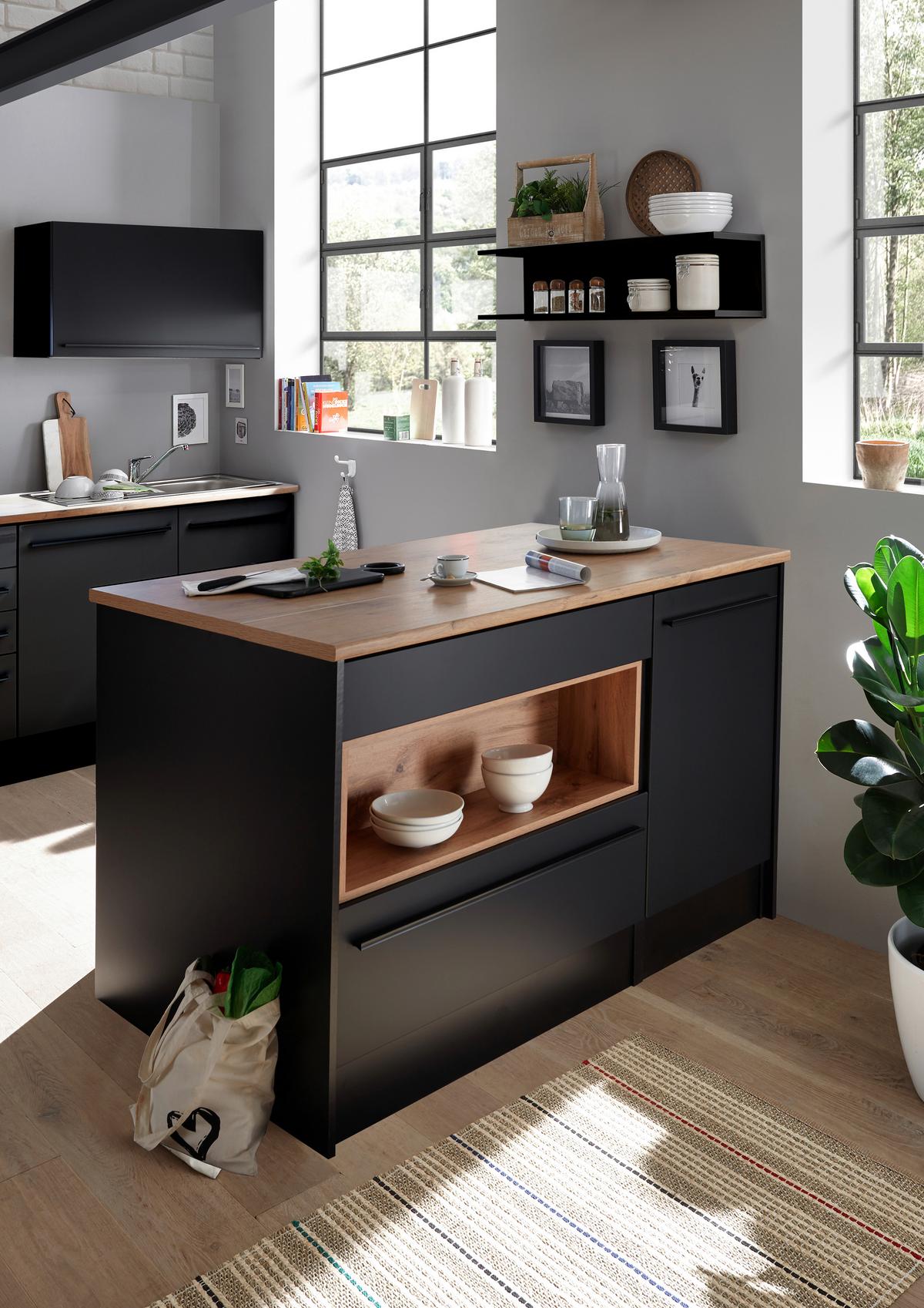 Insulă de bucătărie JAZZ - culoare lemn stejar/negru, Modern, material pe bază de lemn (140/90/90cm) - Modern Living