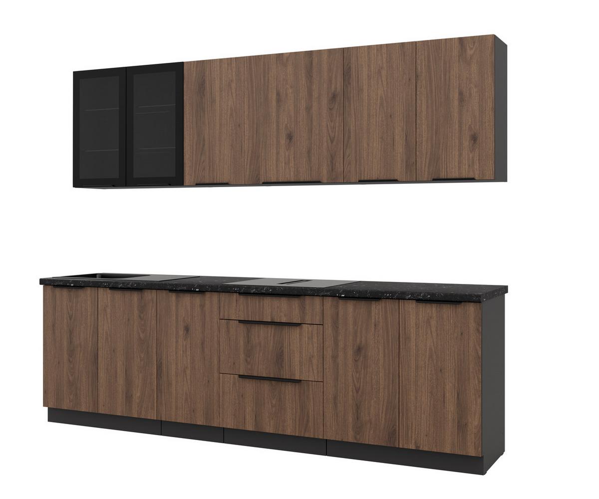 Blok Kuhinja Monza - boja orahovog drveta/crna, Moderno, staklo/metal (260/210/60cm) - Modern Living