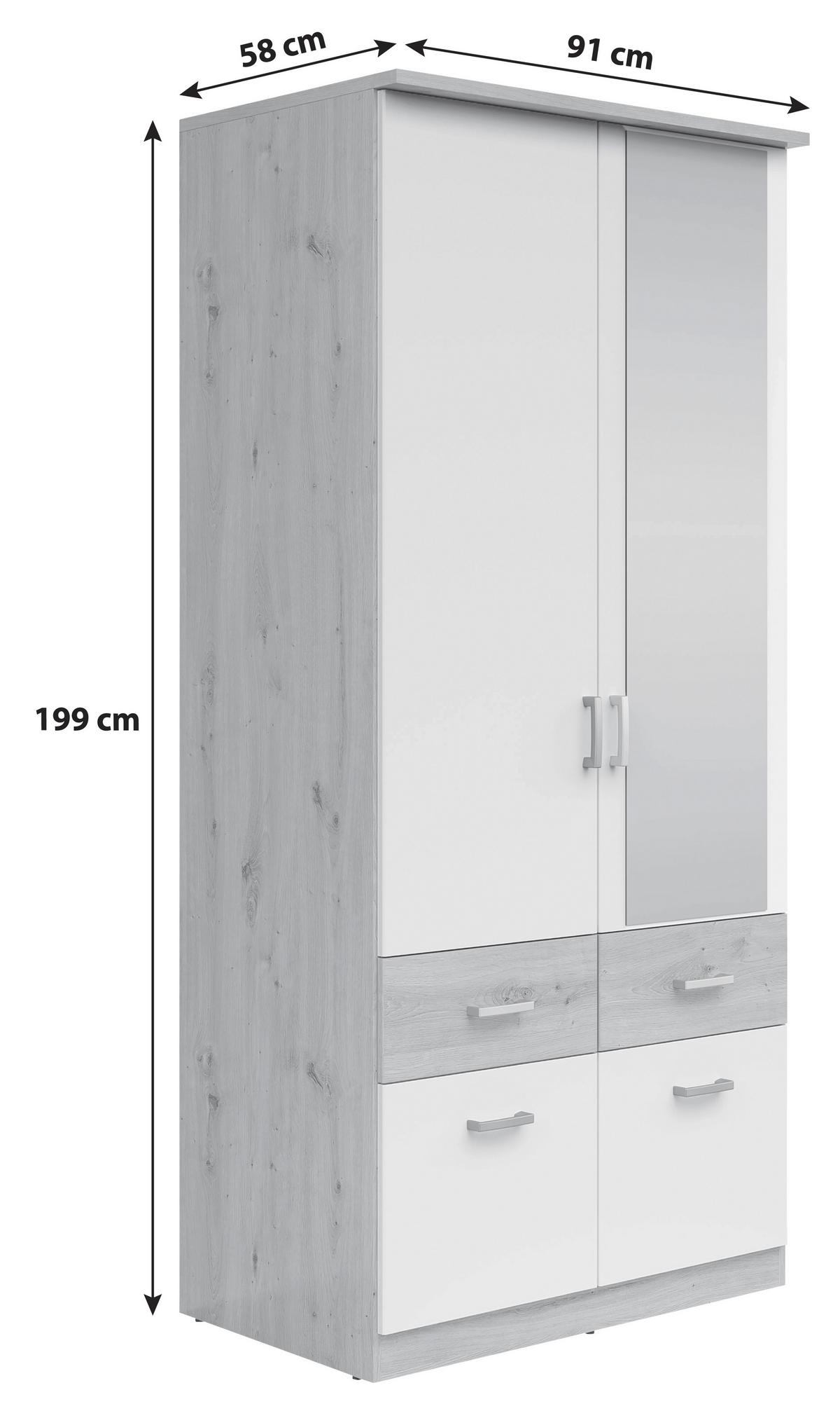 Omara Za Oblačila Brando, Bela, Hrast, Š. 91 Cm - srebrne barve/bela, Konvencionalno, umetna masa/leseni material (91/199/58cm)