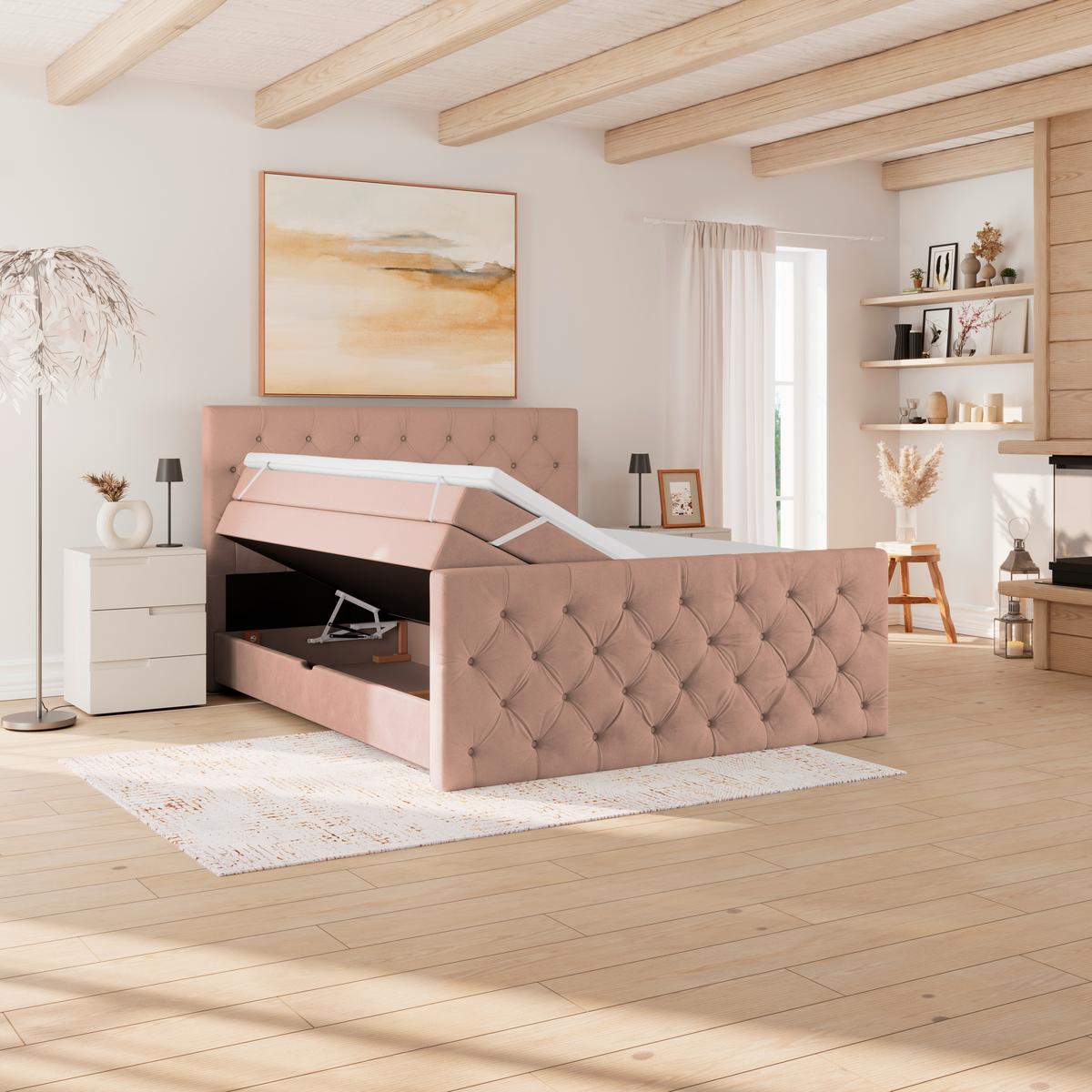 Boxspring Krevet Elio - bež/prljavo ružičasta, Romantično / ladanjski, tekstil/plastika (160/200cm) - Modern Living