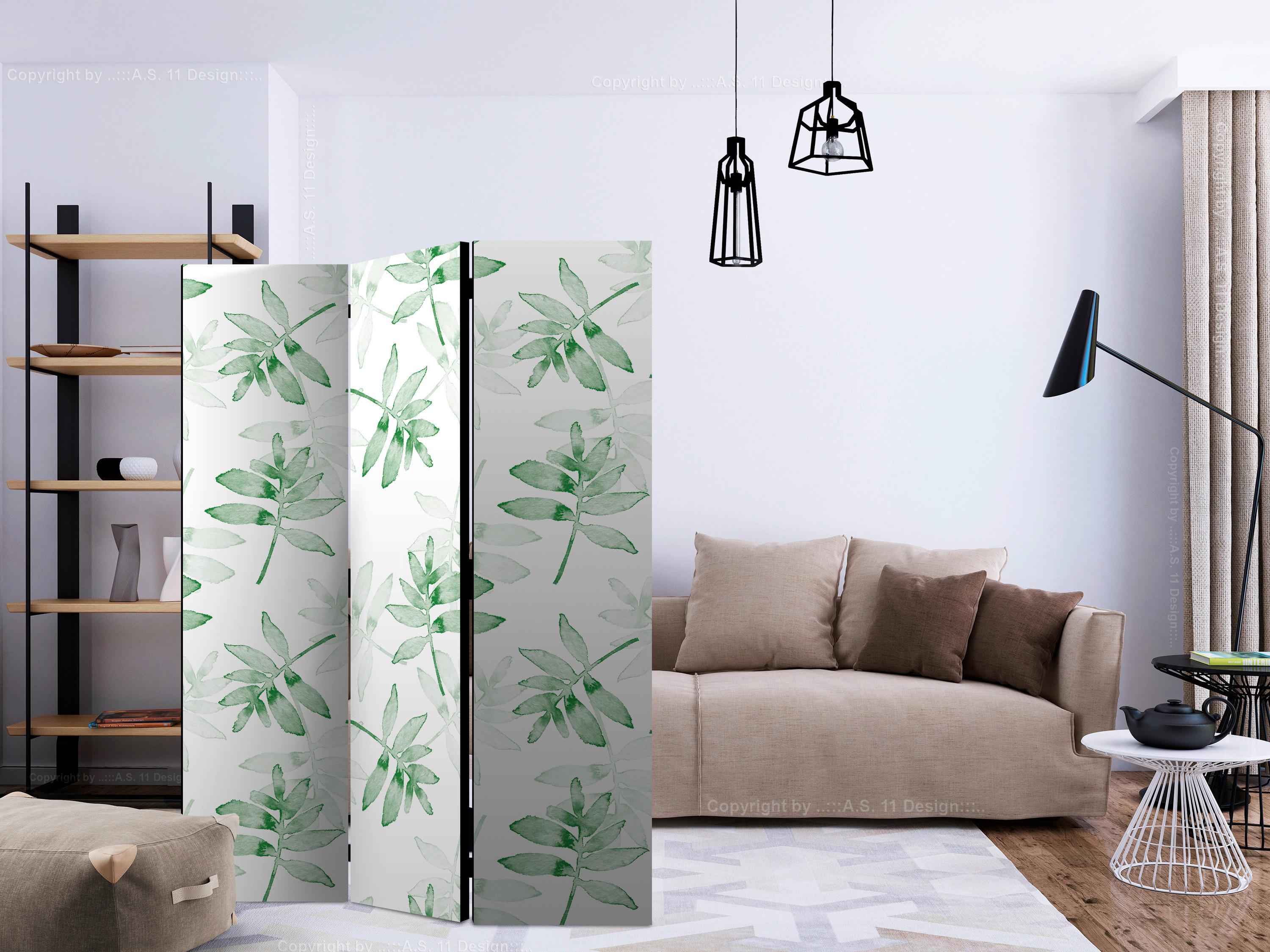 Paravan Watercolor Branches, 3-Delni, Dvostranski - zelena/bela, Basics, tekstil/les (135/172/3cm) - artgeist